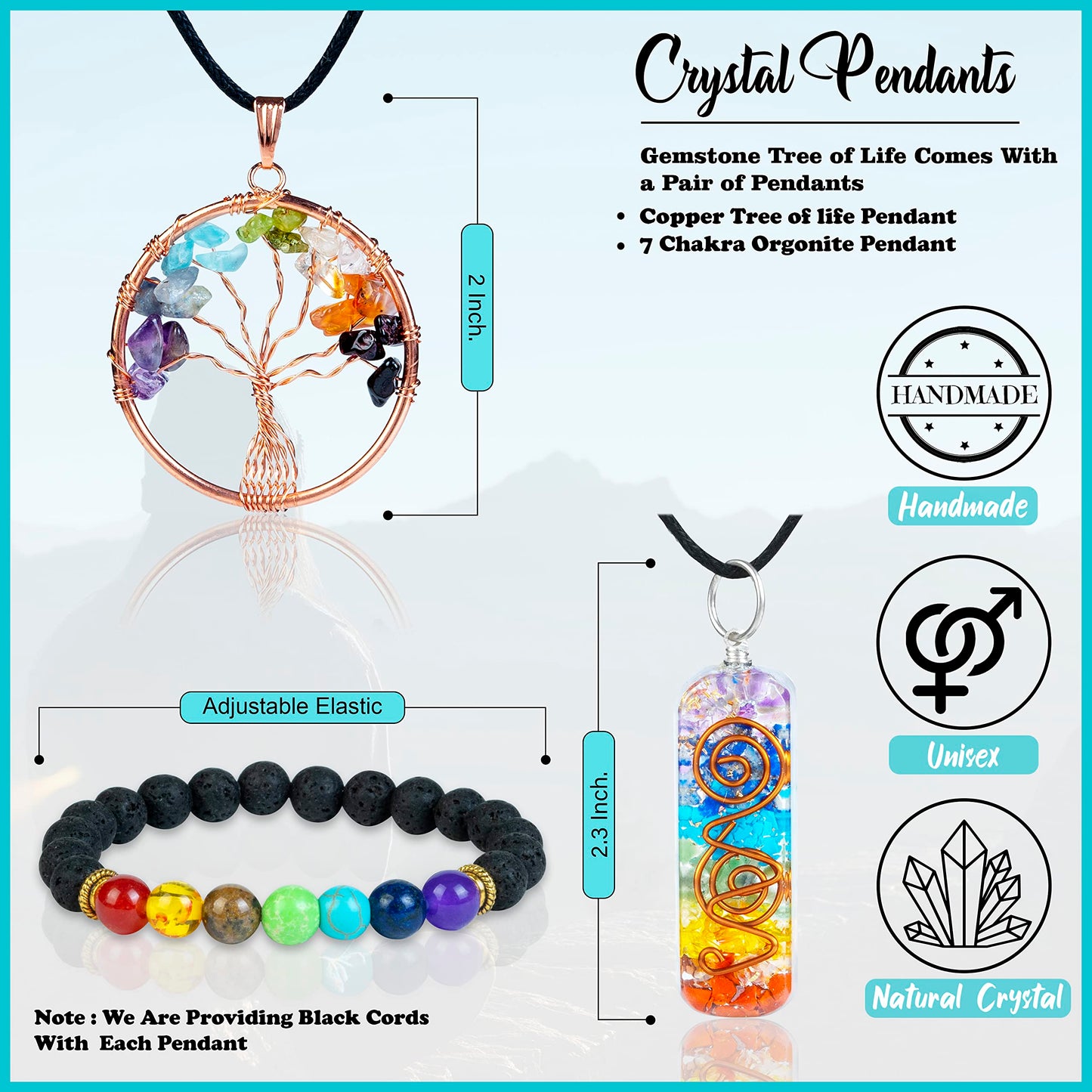 Crocon® Black Tourmaline Crystal Tree of Life with Bracelet & 2 Pendants Feng Shui Gem Tree Decor Healing Crystals Spiritual Black Gifts for Home & Room Decor Gifts for Women, Girlfriend, Her & Sister