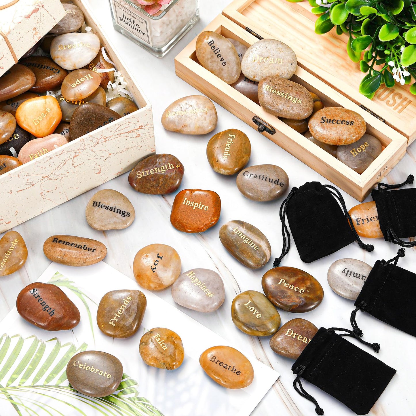 Nuanchu 72 Set Inspirational Stones Bulk with Velvet Bags Different Words Encouragement Amulets Gift Stones Polished Prayer River Pebble for Baptism Christening Gift Religious Home Decor 1-2 Inch