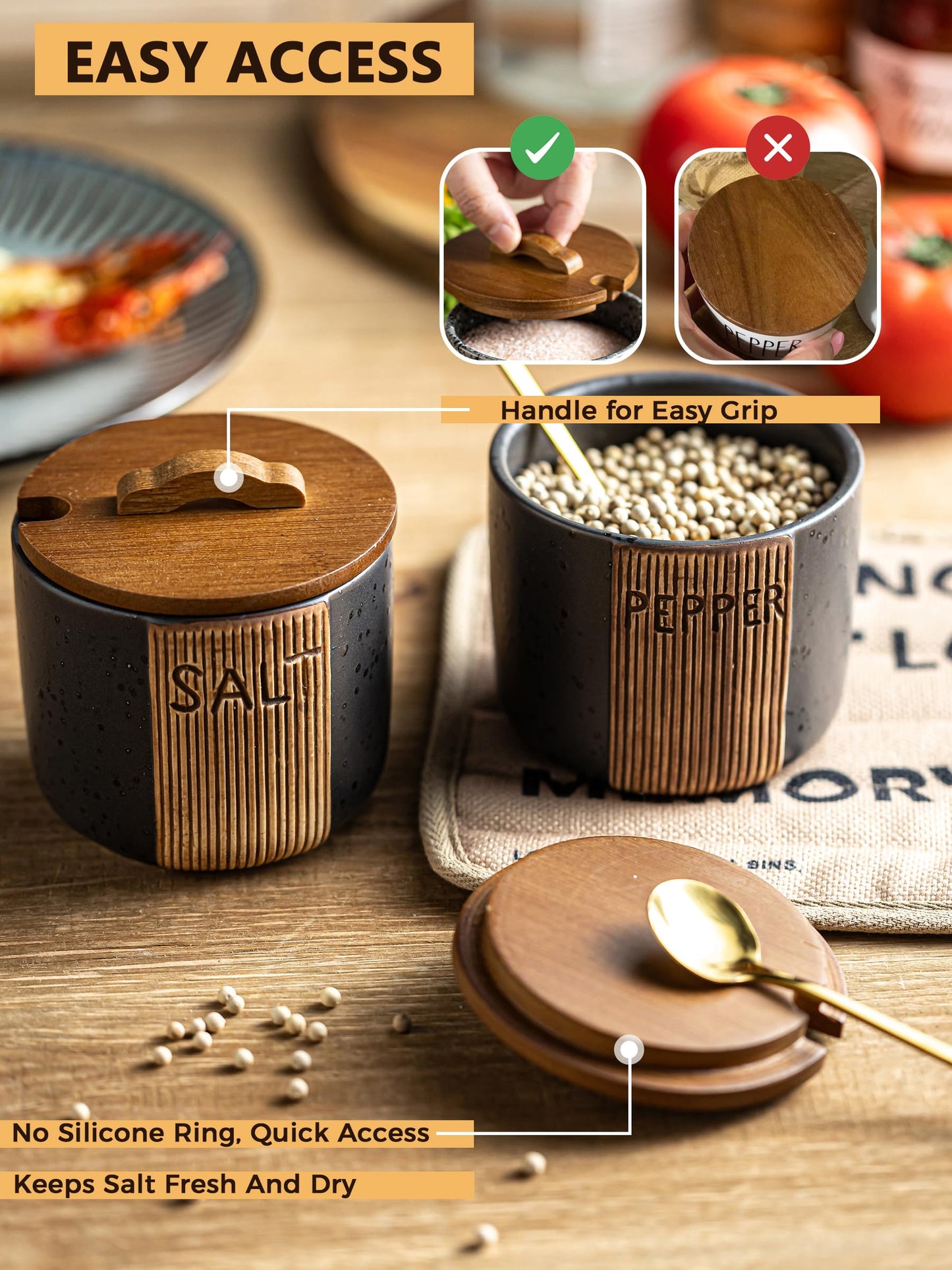 YHOJOY Salt and Pepper Bowl, Ceramic Salt Containers for Countertop, Salt and Pepper Cellar with Lid and Spoons, Black