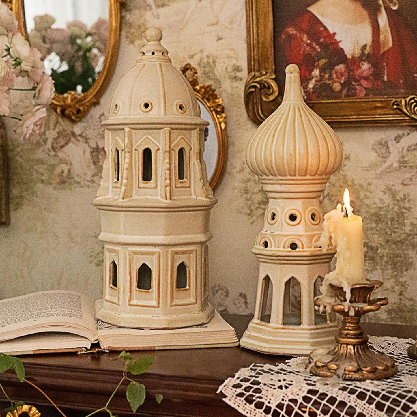 LIZOFER Ceramic Home Decoration 12.6 Inch Tall European Dome Tower for Living Room Bedroom Office Modern Farmhouse Antique Rustic Nordic Ornament Desktop Fireplace Centerpiece Decor