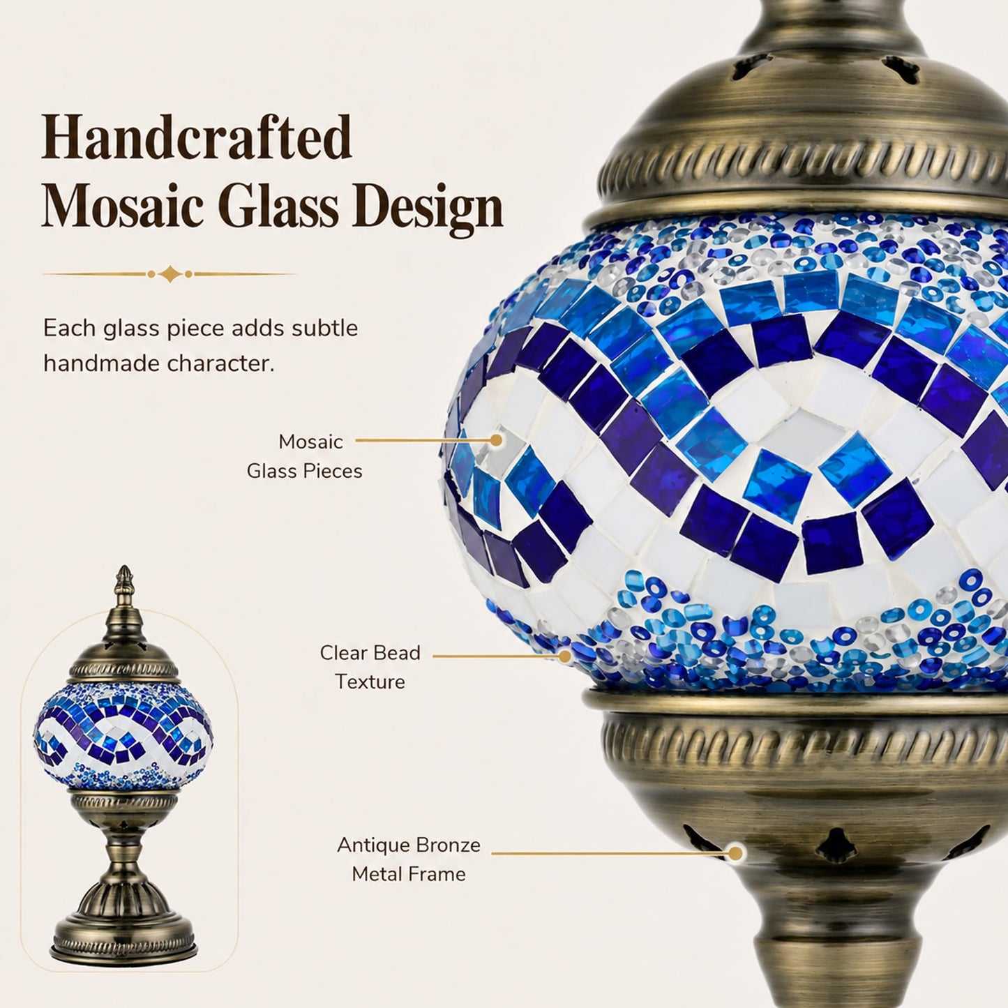 GOGERS Turkish Moroccan Table Lamp Lantern with Handmade Mosaic Glass Lampshade Tiffany Style Bohemian Stained Glass Decorative Desk Lamps Bedside Night Lights for Bedroom (White Multiple Blues)