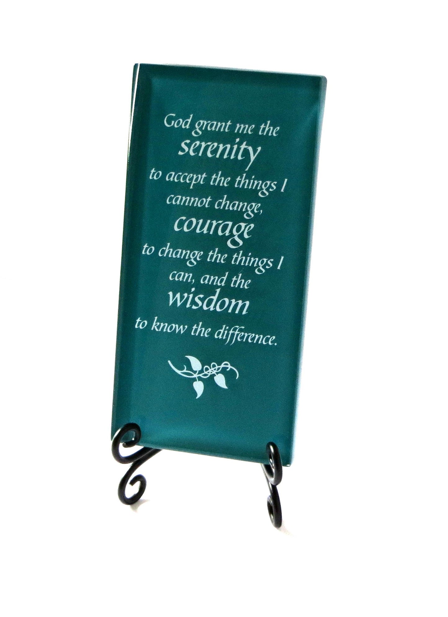 The Serenity Prayer Inspirational Glass Plaque. Encouraging and Centering Words To Empower. Includes a Folding Easel. By Lifeforce Glass. Dark Teal.