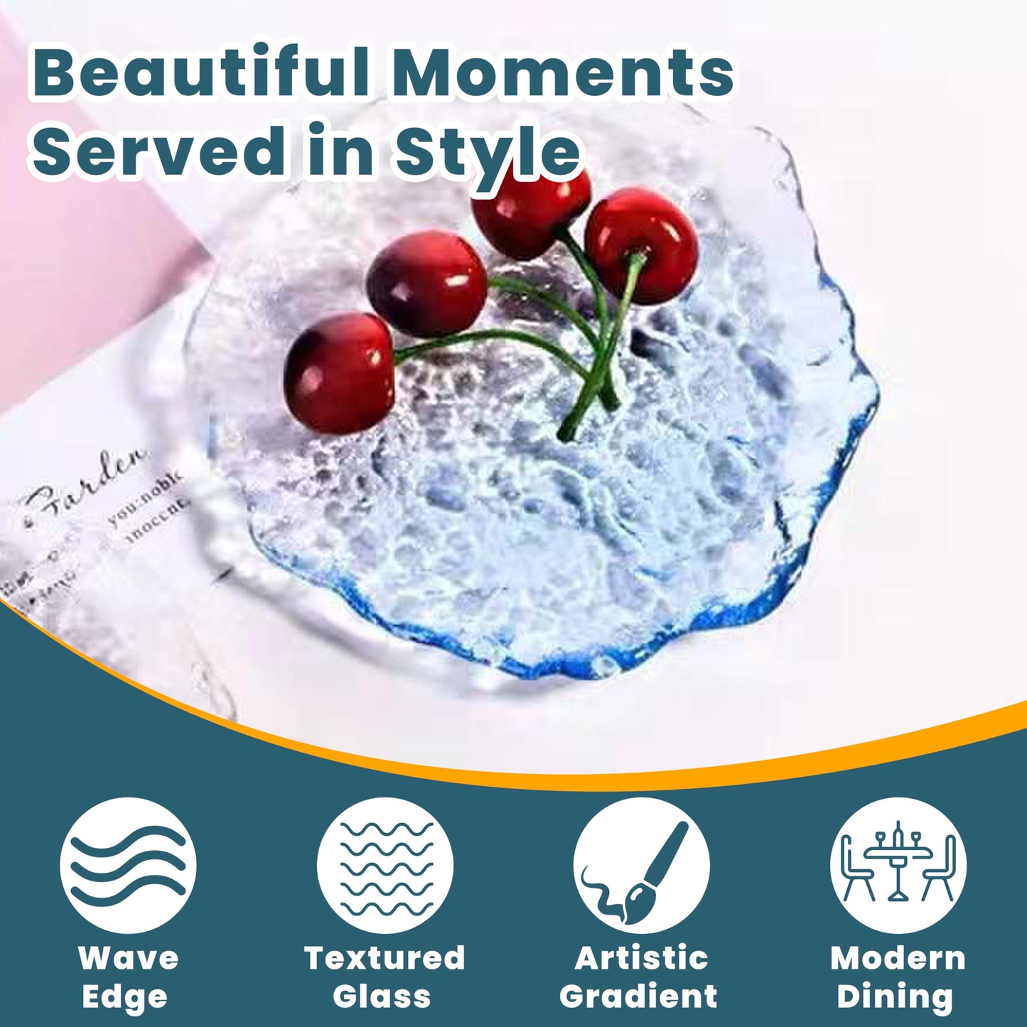 Coolcapis 6 pcs Textured Glass Plates Set – Wavy Edge Decorative Hammered Ice Appetizer Plates, Frosted Elegant Clear Glass Serving Tray Dinner Artistic Dinnerware (Blue, Small)