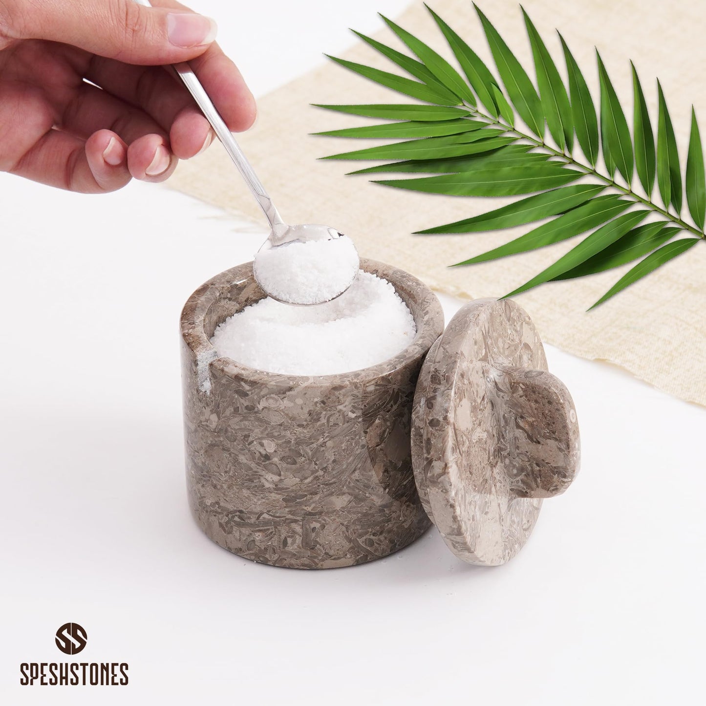 SPESHSTONES Marble Salt Cellar Handmade 4 Inch Salt Containers for Countertop - 5.2 Oz Salt Holder, Marble Sugar Bowl with Lid and Spoon, Spice Jars for Seasoning Container, Stone Salt Box