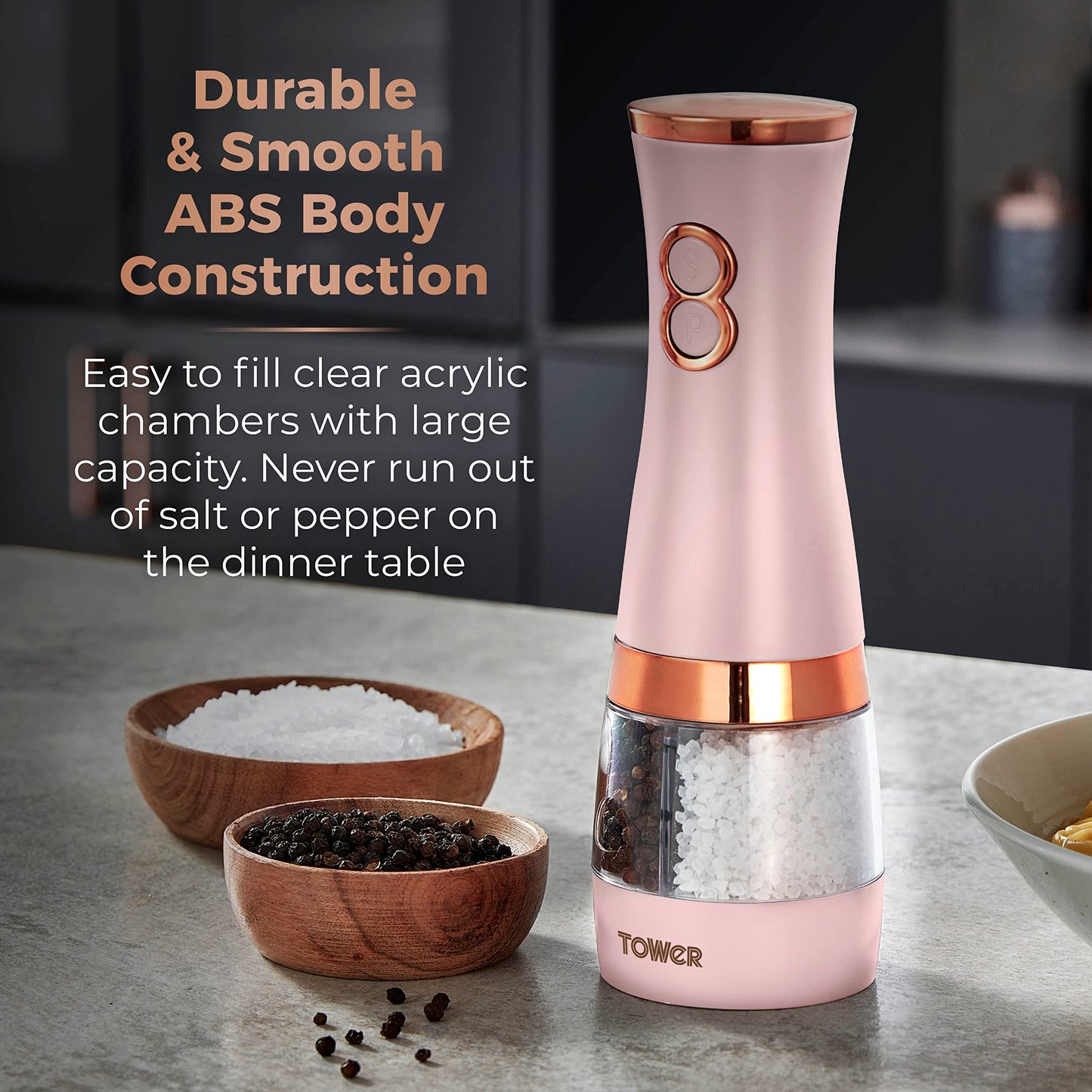 Tower T847004PNK Electric Salt and Pepper Mills, Battery Operated with Adjustable Ceramic Grinders, Pink and Rose Gold