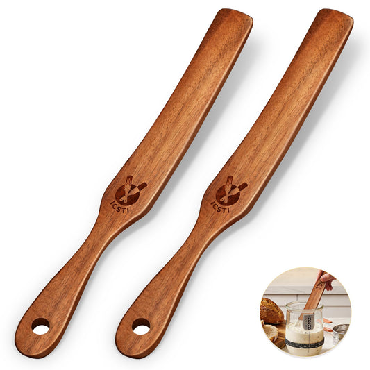 2 Pack Wooden Spurtle for Sourdough Starter, Mixing, Reaching Bottom of Jar, Dough Whisk, Natural from High Moist Resistance Teak, Spurtles Kitchen Tools Wooden Kitchen Utensils for Baking, Cooking