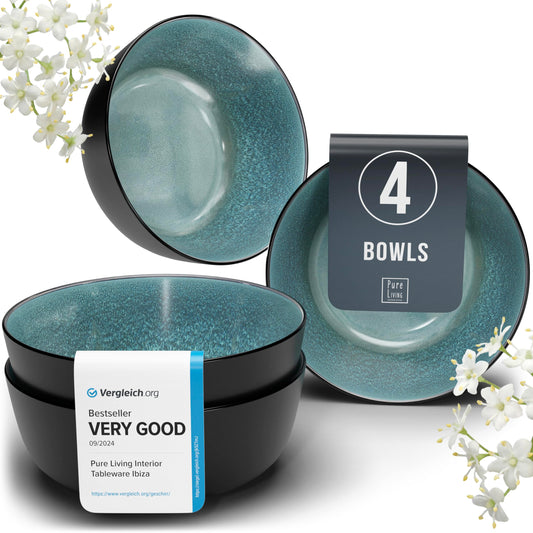Stoneware large soup bowls set 4 pcs – 27 oz dark petrol blue pasta & cereal bowls 5.5" – Dishwasher and microwave safe – Modern kitchen bowl set – Dinner service Pure Living
