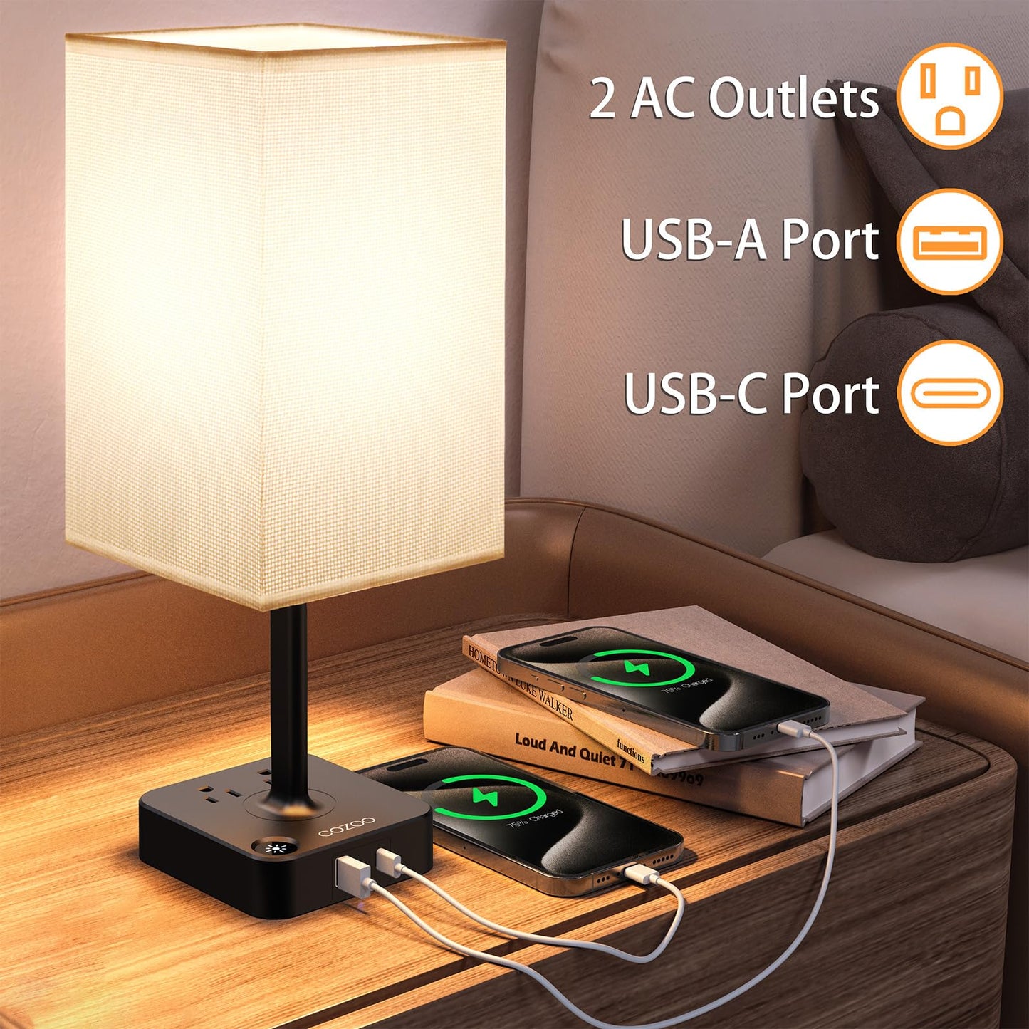 cozoo Bedside Table Lamp with 3 Levels Brightness,Dimmable Table Lamp with USB C+A Charging Ports,2 AC Outlets,Nightstand Lamp White Shade,Touch Bedroom Lamp for Living Read Work