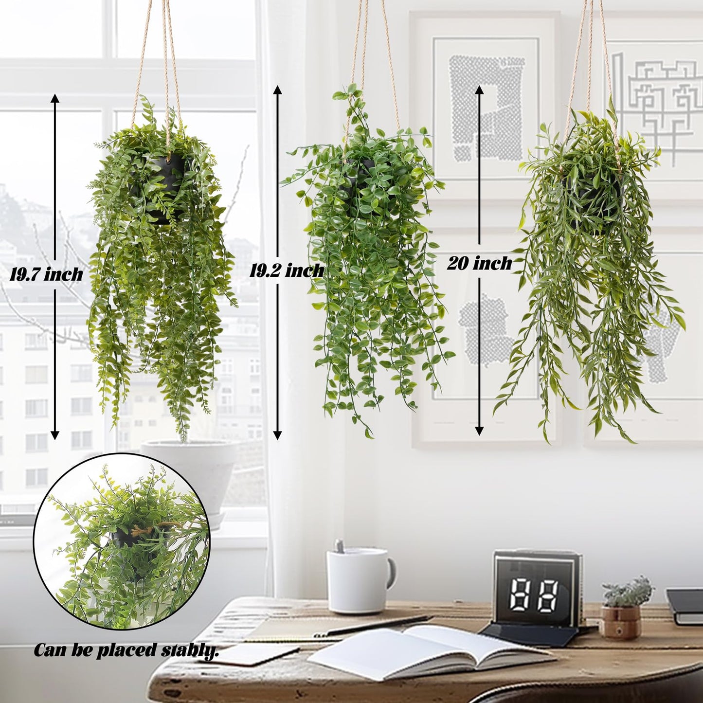 PENGYEE Fake Plant Indoor Set, 3Pcs Fake Hanging Plants with Pots and 4Pcs Small Artificial Plants in Cement Planter for Home Decor Bathroom Bedroom Shelf Desk Office Table Kitchen Room Decor