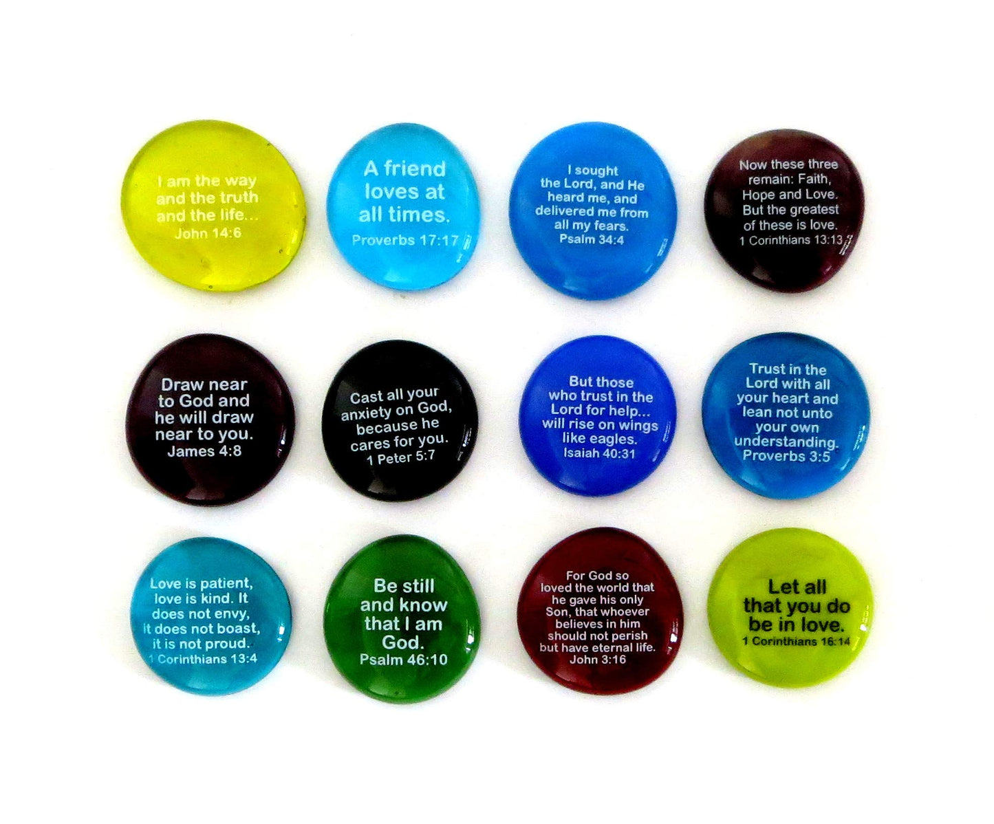 Lifeforce Glass Scripture Glass Stones, 12 of Your Favorite Inspiring Bible Verses on Translucent and Opaque Rocks, Set II.