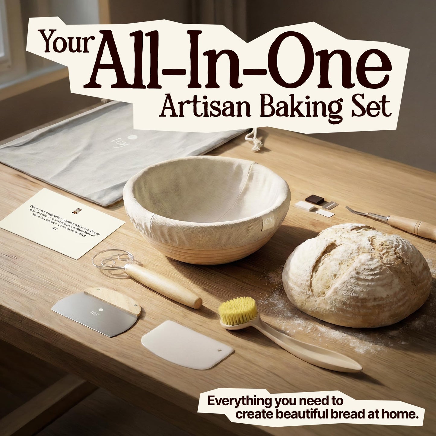 TEY 9'' Banneton Bread Proofing Basket Set – Natural Rattan Banneton with Linen Liner, Baking Tools & Accessories, Digital Recipe eBook, Artisan Sourdough Starter Kit, Homemade Bread Baking Gift Set