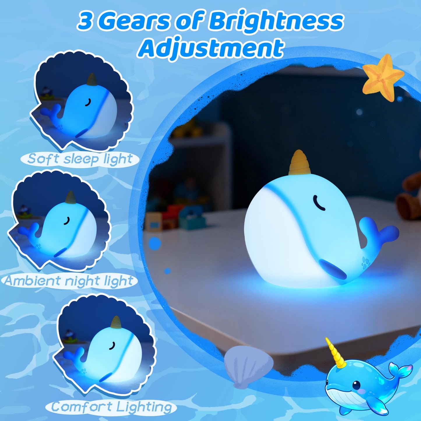 OkiyiD Blue Narwhal Lamp, Cute Silicone Night Light, Dimmable Animal Nursery Night Lights Bedside Touch Lamp, Whale Gifts for Bedroom Whale Decor