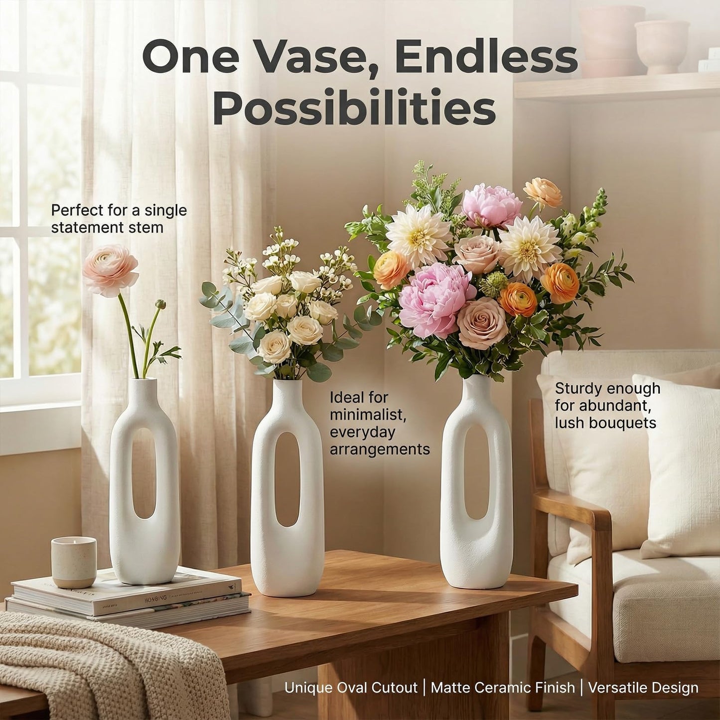 ISLOYALS 12 inch Tall Ceramic Flower Vase for Dried Flowers, Modern Sculptural Farmhouse Vase with Oval Cutout, Skinny Green Centerpiece for Home Office and Wedding Decor