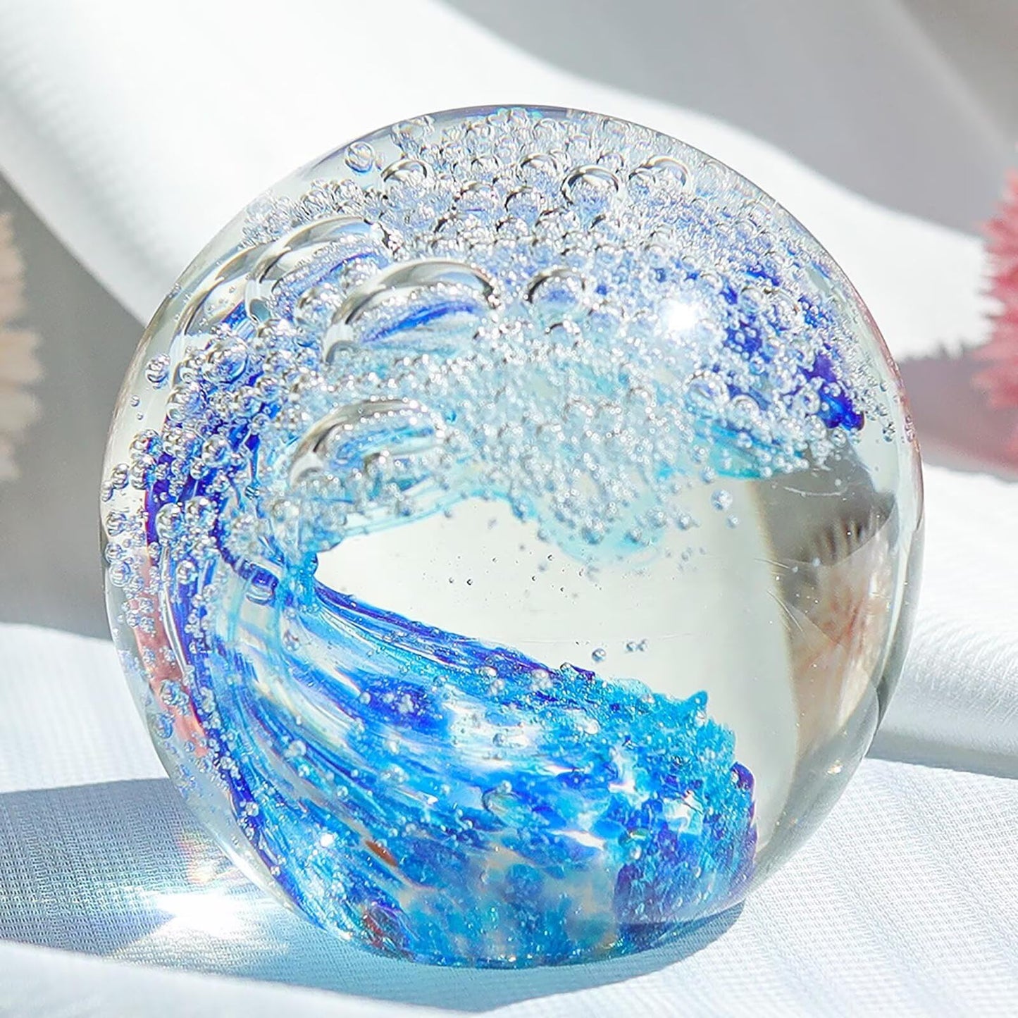 FZBHRO Decorative Crystal Ball Figurines Ocean Waves Paperweight Blown Glass Decor Sea Art Ocean Lovers Gift Blue 3.15"
