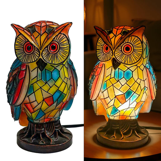 HQIAN SAT Tiffany Style Owl Table Lamp, Hand-Painted Vintage Resin Animal Desk Lamp, Colorful Owl Nightstand Light for Bedroom, Living Room, Nursery, Office, Unique Gift Idea for Mom, Women, Her