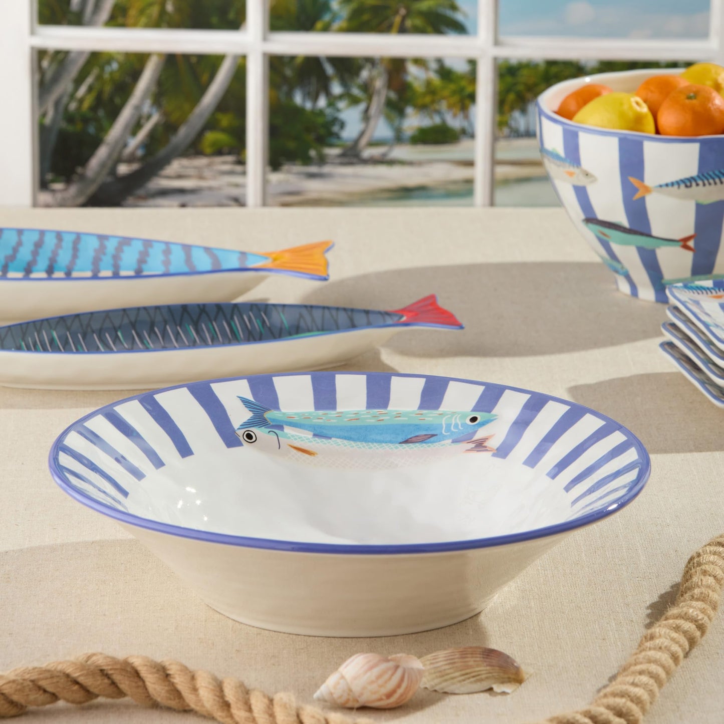 Something Fishy Ceramic SERVING BOWL 13 x 3 Inches, coastal striped bowl with colorful fish art, ideal for salads, pasta, seafood sides, summer hosting, beach homes, and vibrant nautical table