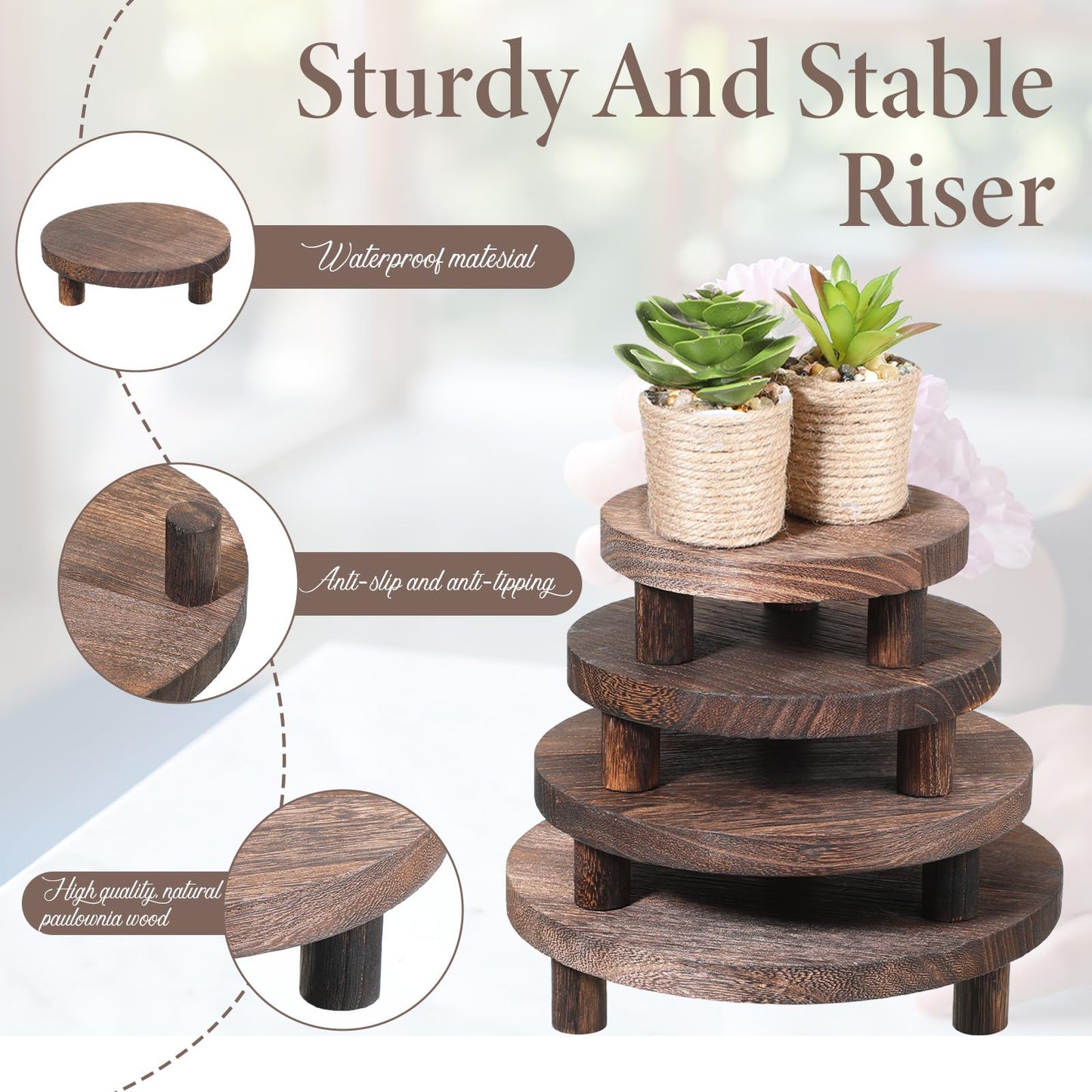 IANFAN 4 Pcs Round Wooden Risers for Display, Wood Pedestal Stand Mini Tiered Tray Stand Rustic Wooden Riser Holder for Home Decor Kitchen Counter, 4 Size(Brown)
