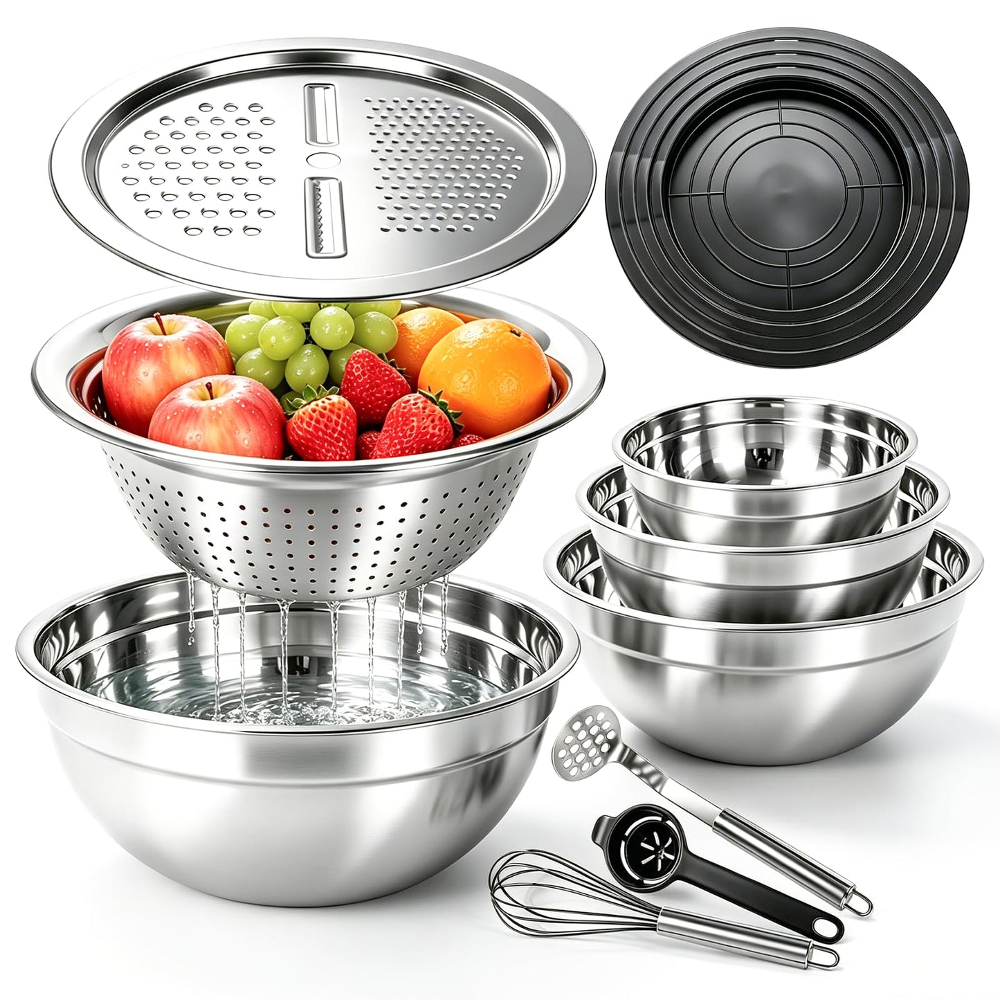 Mixing Bowls Set-9 Pcs Stainless Steel Mixing Bowls with Lid, Grater, Colander, Egg Whisk and Separator, Multipurpose Kitchen Metal Bowls for Mixing, Preping, Serving, Size 6.3, 4.3, 3.6, 2.9QT