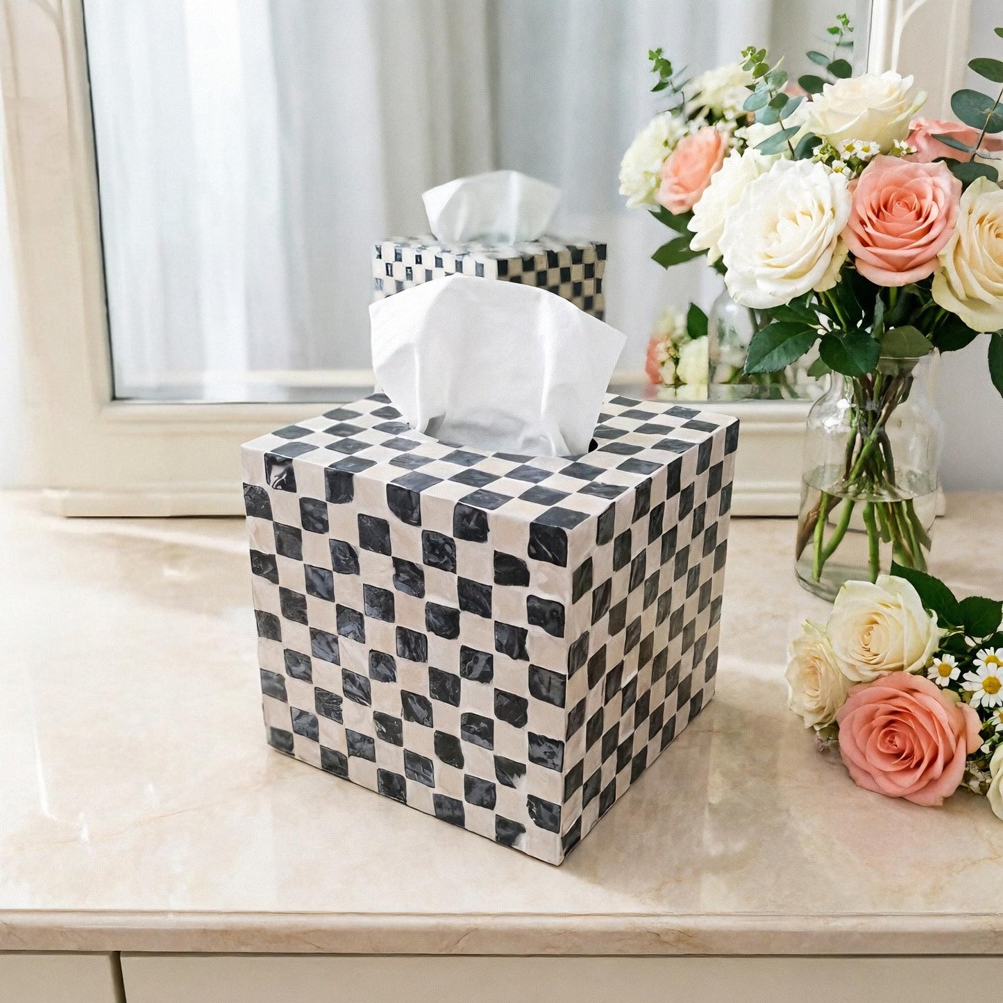 Chicapica 5.9" Square Mother of Pearl Tissue Box Cover – Black & White Checkered Decorative Cube – Handcrafted Mosaic Tissue Holder for Bathroom Vanity, Bedroom, and Home Office