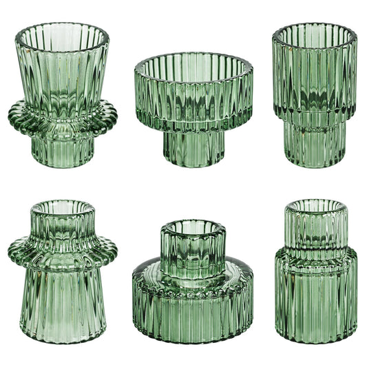 NEOEGOR Taper Votive Candle Holder for Pillar Candles Tealight, Candlestick Holder for Wedding Christmas Tea Party, Boho Ribbed Vintage Crystal Glass Table Centerpiece Decor, Bulk Set of 6 (Green)