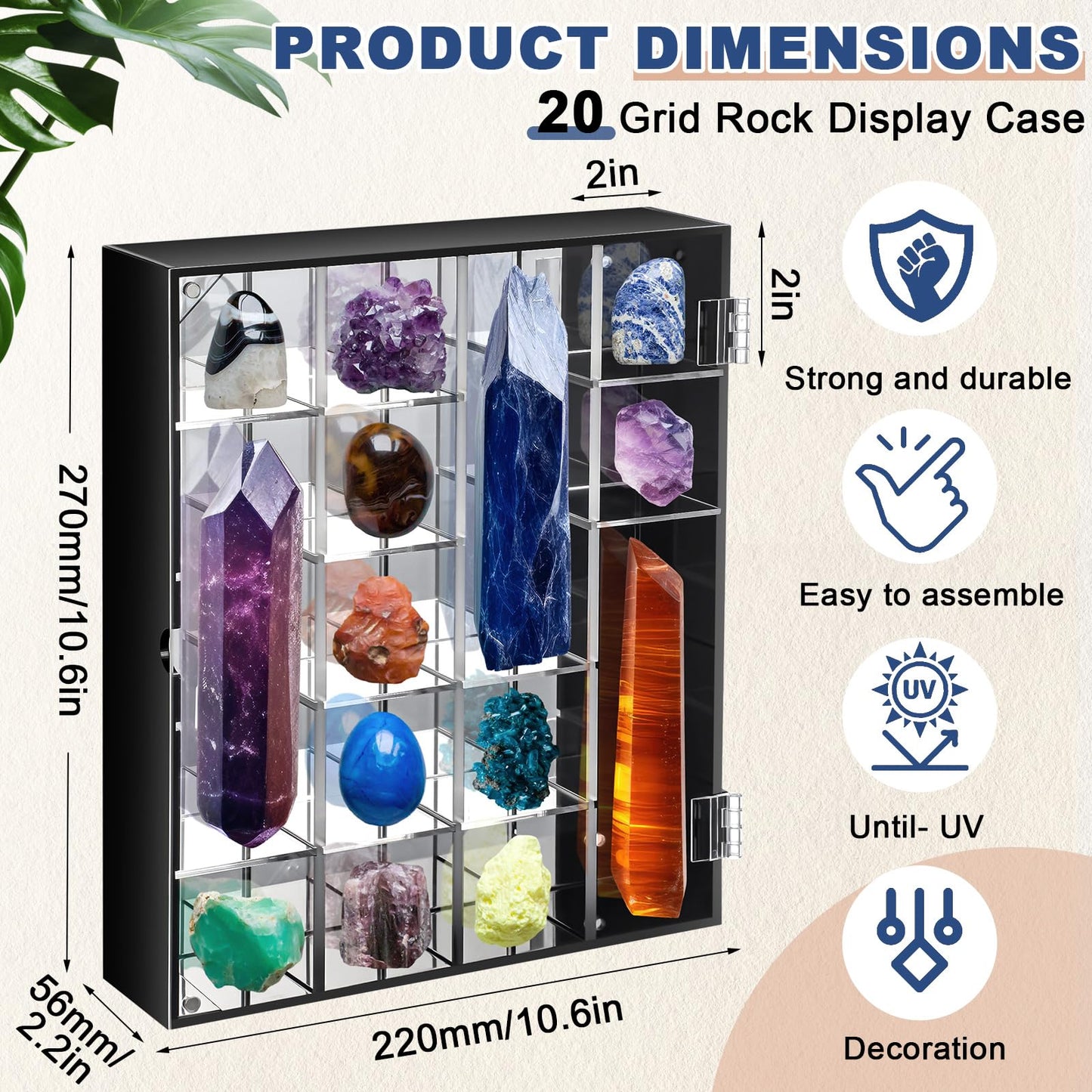 Cinnvoice Rock Display Case Adjustable 20 Grids Acrylic Display Case with Mirrored Crystal Organizer for Collectible, Crystal, Stones, Wall Mountable, Magnetic Door(Black Border, Square)