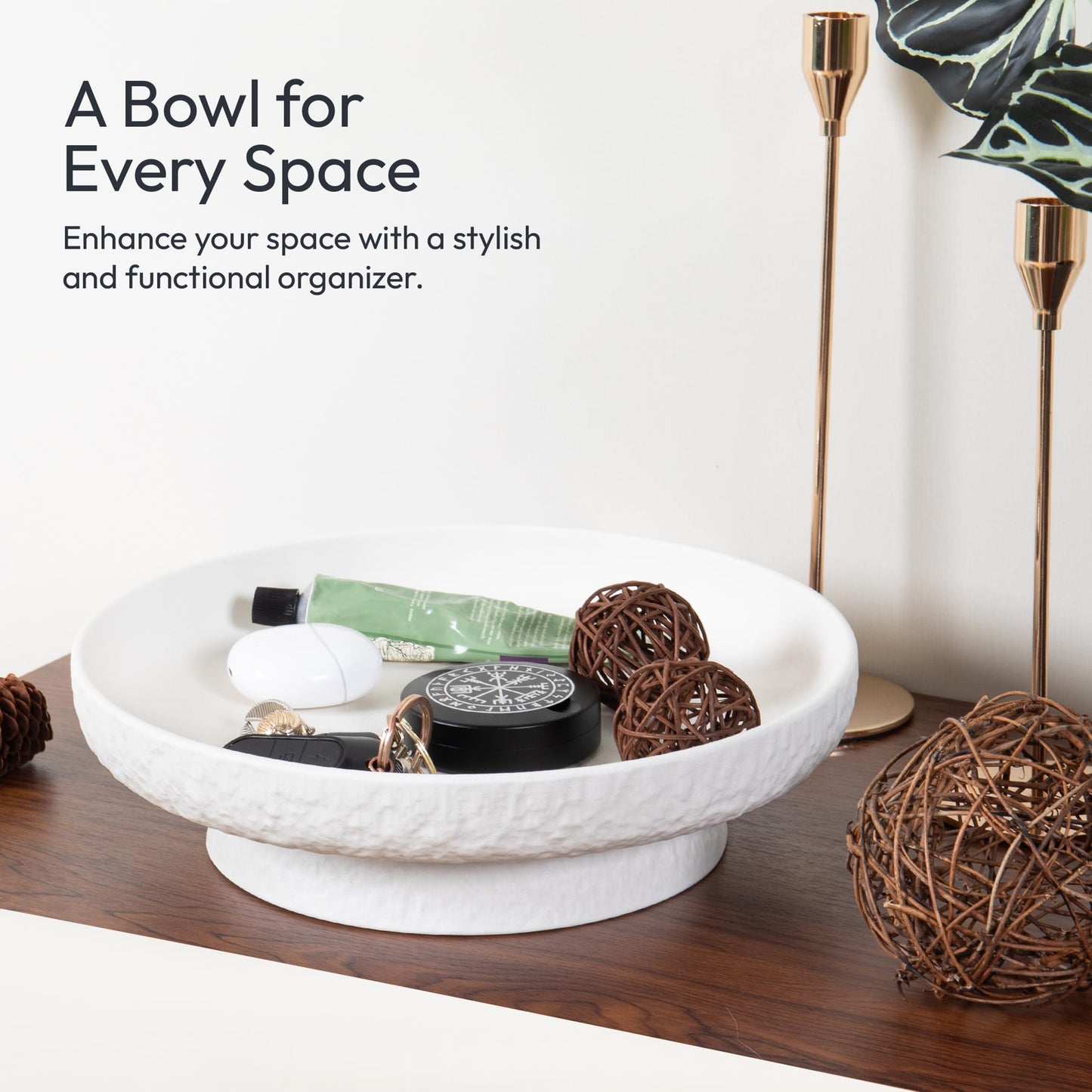 DeNestora Granite Inspired Matte White Fruit Bowl | Wide, Shallow Textured Pedestal Bowl | 11 Inch Unique Centerpiece for Table or Decor for Entryway Table