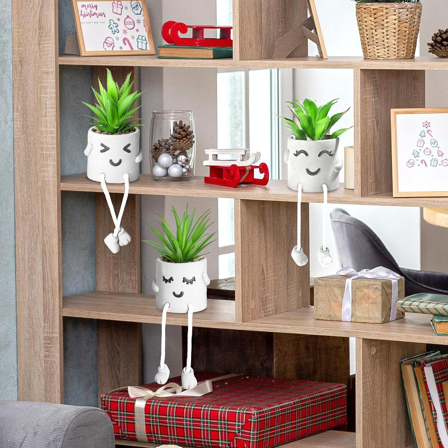 INFTYLE Creative Artificial Succulent Plants in pots - 3 Pieces Mini Fake Plant Faux Succulent Emotional Cement Potted for Home Desk Shelf Kitchen and Office Decor (3PCS)