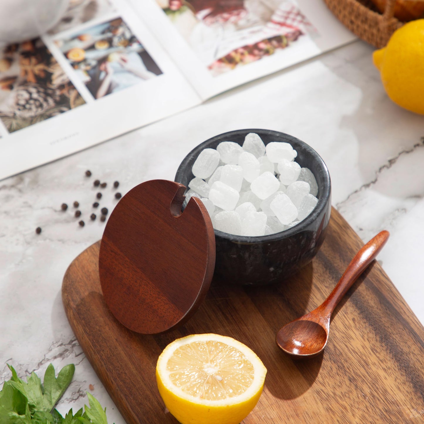 NHKRTE Marble Salt Cellar with Lid & Spoon, 11oz Salt and Pepper bowls, Handcrafted from Natural Marble, Smooth Inside (black bowl)
