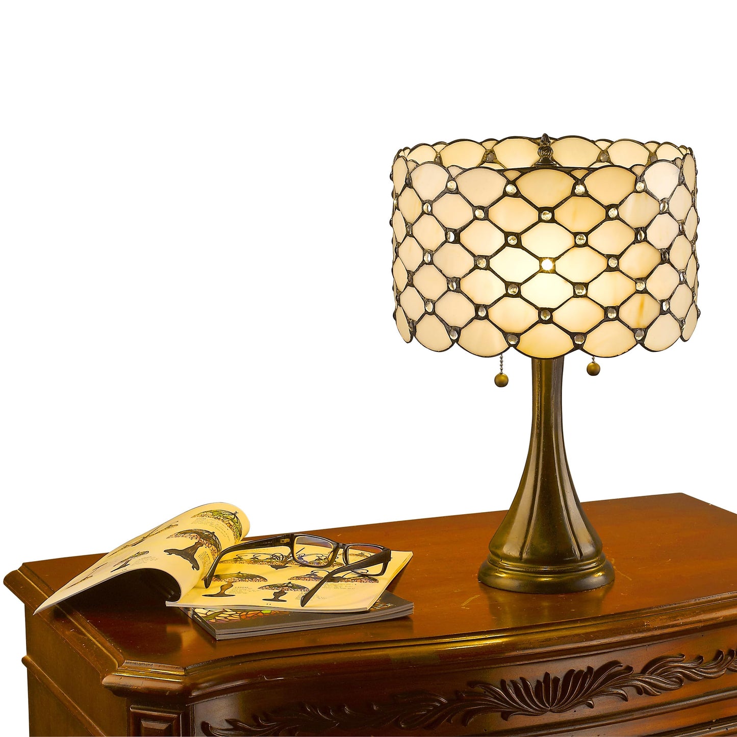 Serena D'italia Tiffany Style Table Lamp Contemporary, Diamond Pattern Stained Glass Lamp with Jewels, Standing Lamp with Double Pull Chain (White)