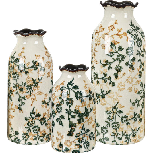 Ninehaoou 3 Pcs Green Vintage Vase Ceramic Rustic Crackle Floral Vase for Farmhouse Retro Home Bookshelf Living Room Table Centerpiece Decor (Small Middle and Large)