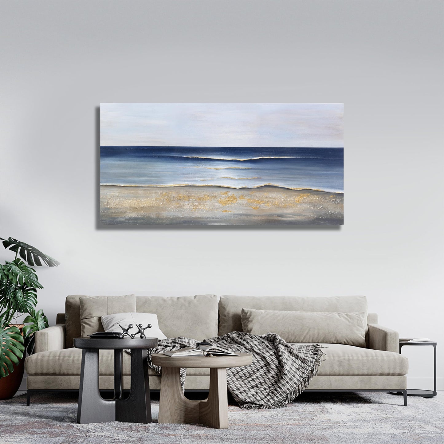 Yuaxker Ocean Wall Art Blue and Gold Modern Minimalist Wall Decor Sea Wave and Beaches Canvas Painting for Living Room Bedroom Dinning Room Home Office Home Decor 24x48 inch
