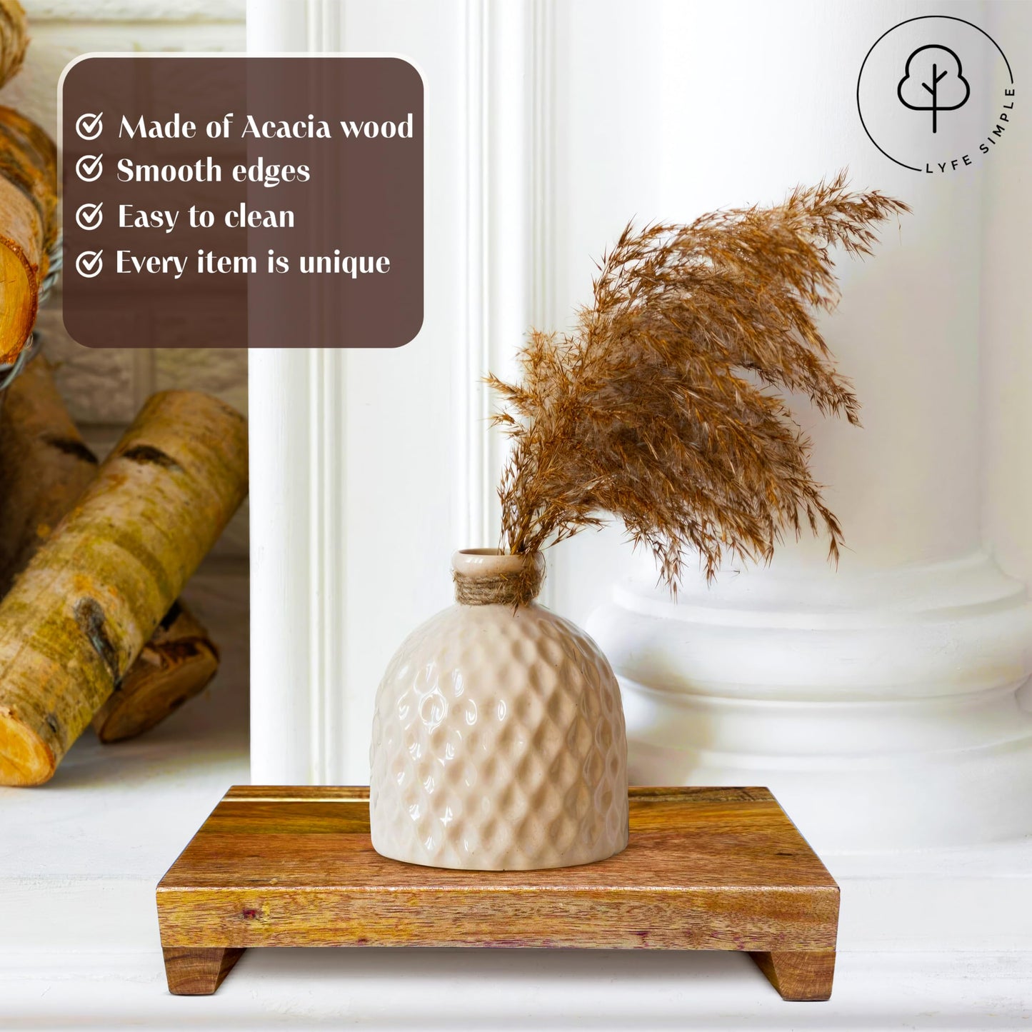 Lyfe Simple Natural Acacia Wood Pedestal Stand | Wood Riser with Decorative Beads | Kitchen Counter Decor | Soap Tray for Kitchen Sink | Bathroom Tray | Tabletop Wooden Stand (9 x 6 x 1.75 Inch)