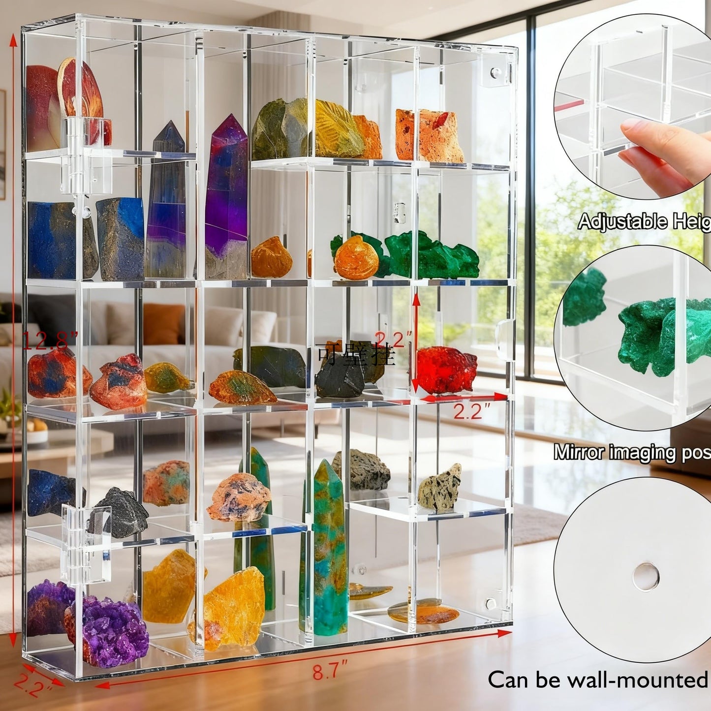 Adjustable Rock Display Case Clear Acrylic Collection Box with Mirrored Arrowhead Stones Storage Display Case Mineral Crystal Collectibles Holder Organizer Showcase Shelves with Lid