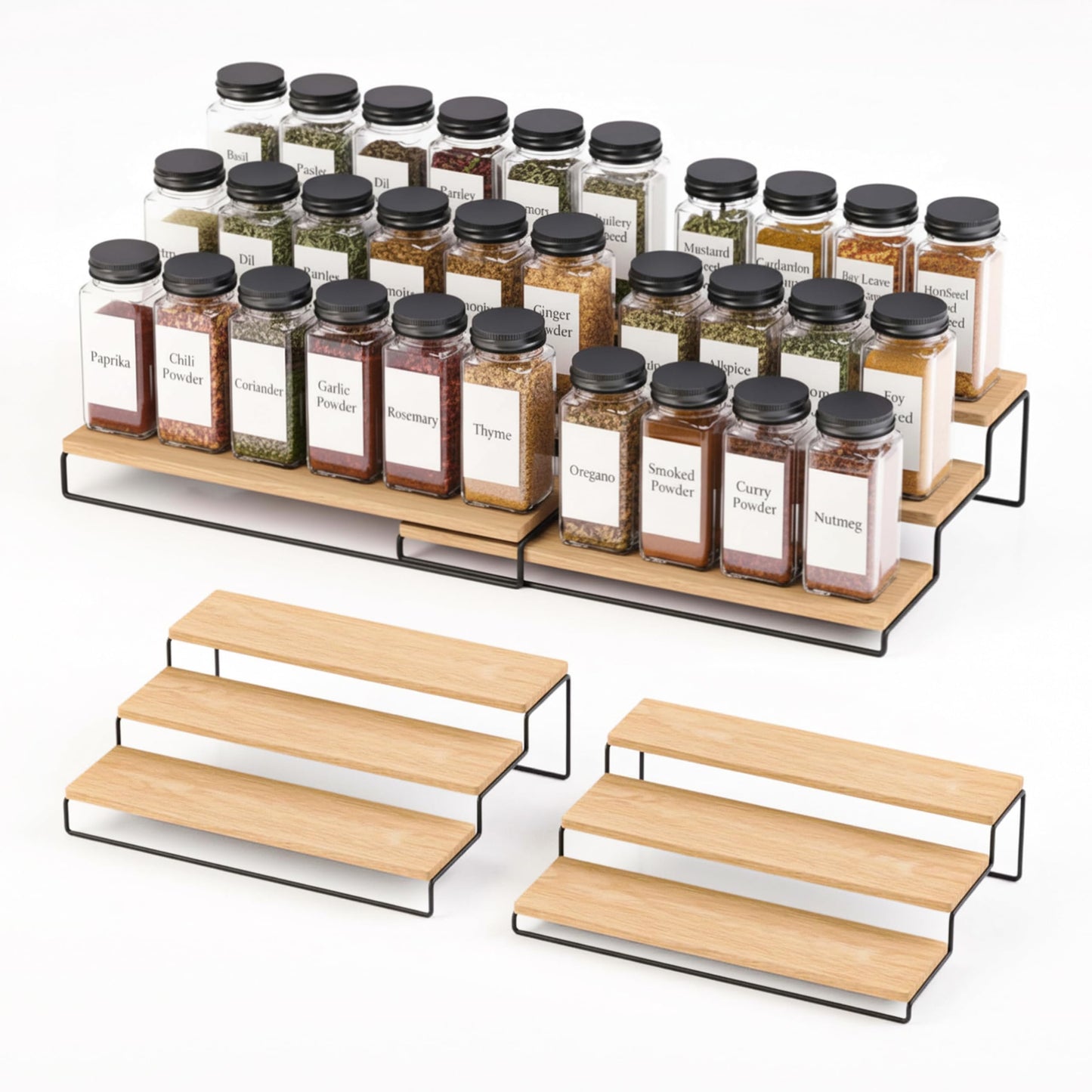 LIBKEN Tiered Spice Rack Organizer – Wood & Metal Countertop & Cabinet Spice Stand, Strong & Sturdy 3-Tier Shelf for Kitchen, Pantry, Seasoning Bottles – Minimal Scandinavian Design - Wood Brown