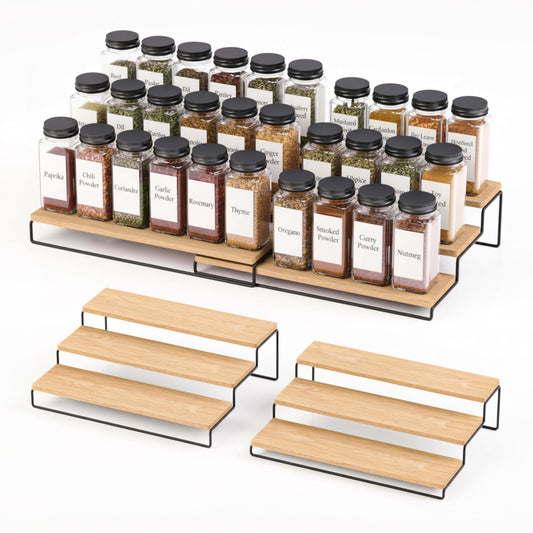 LIBKEN Tiered Spice Rack Organizer – Wood & Metal Countertop & Cabinet Spice Stand, Strong & Sturdy 3-Tier Shelf for Kitchen, Pantry, Seasoning Bottles – Minimal Scandinavian Design - Wood Brown