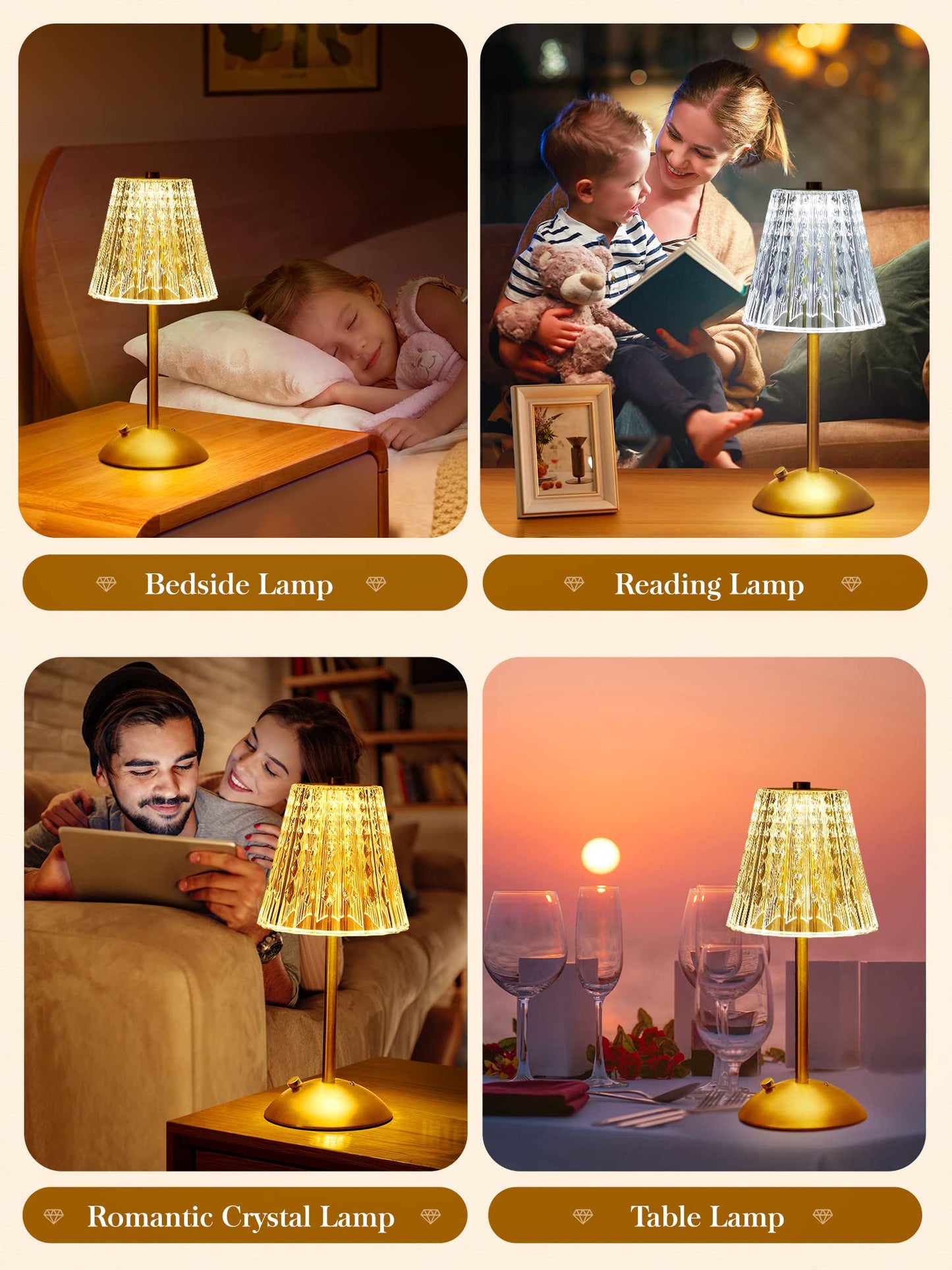 One Fire Nightstand Lamps Set of 2, Dimmable Crystal Table Lamp 3 Colors Gold Lamp,Touch Lamp Bedroom Lamps, Rechargeable Small Lamp, Bedside Lamps Set of 2 for Bedroom Living Room Bathroom Hotel Bar
