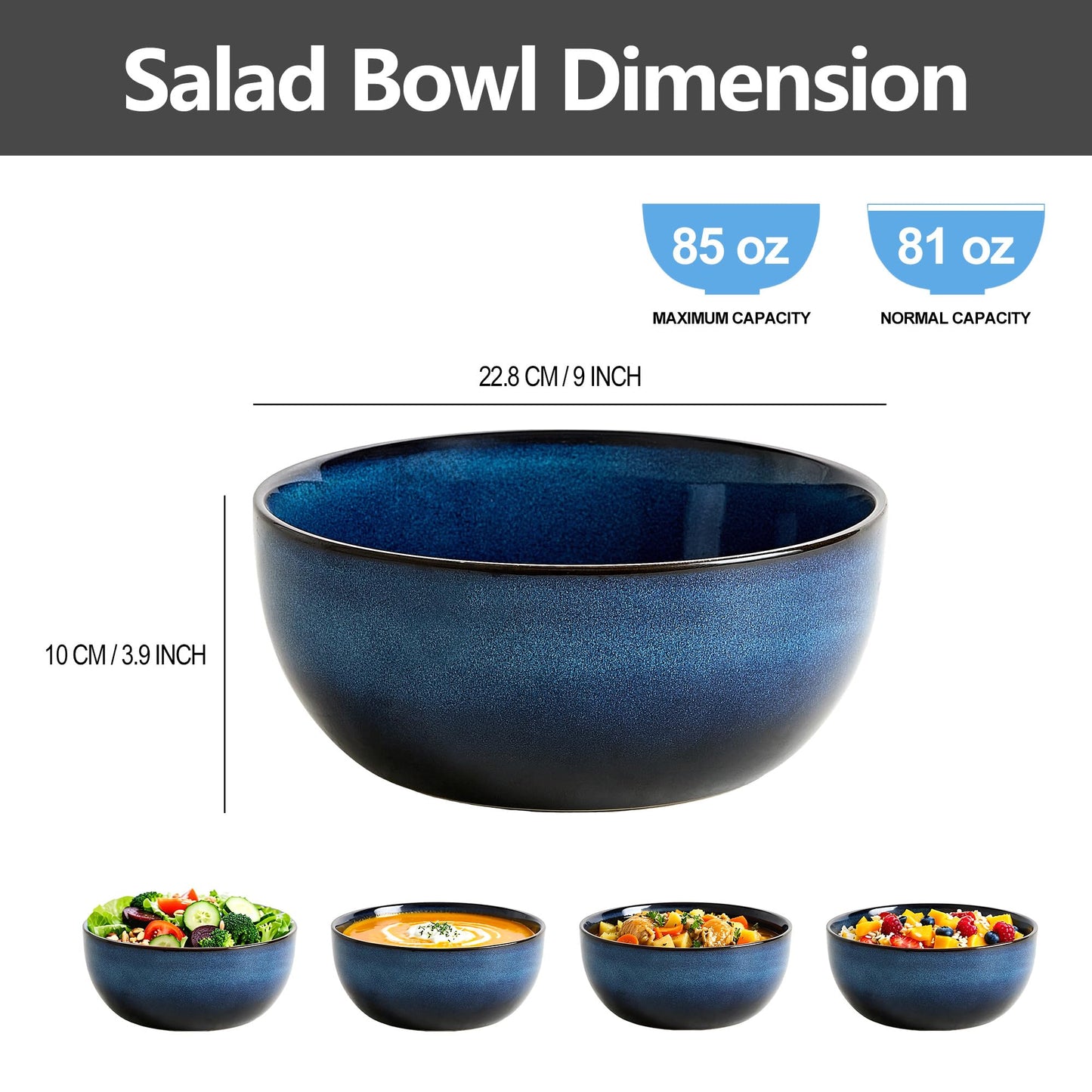 TAUFIKT 9 Inch Large Salad Bowls Set of 2, 83 Oz Porcelain Serving Bowl for Salad Soup Pasta Popcorn, Ceramic Decorative Bowls Fruit Bowl for Home Decor, Microwave,Oven,and Dishwasher Safe