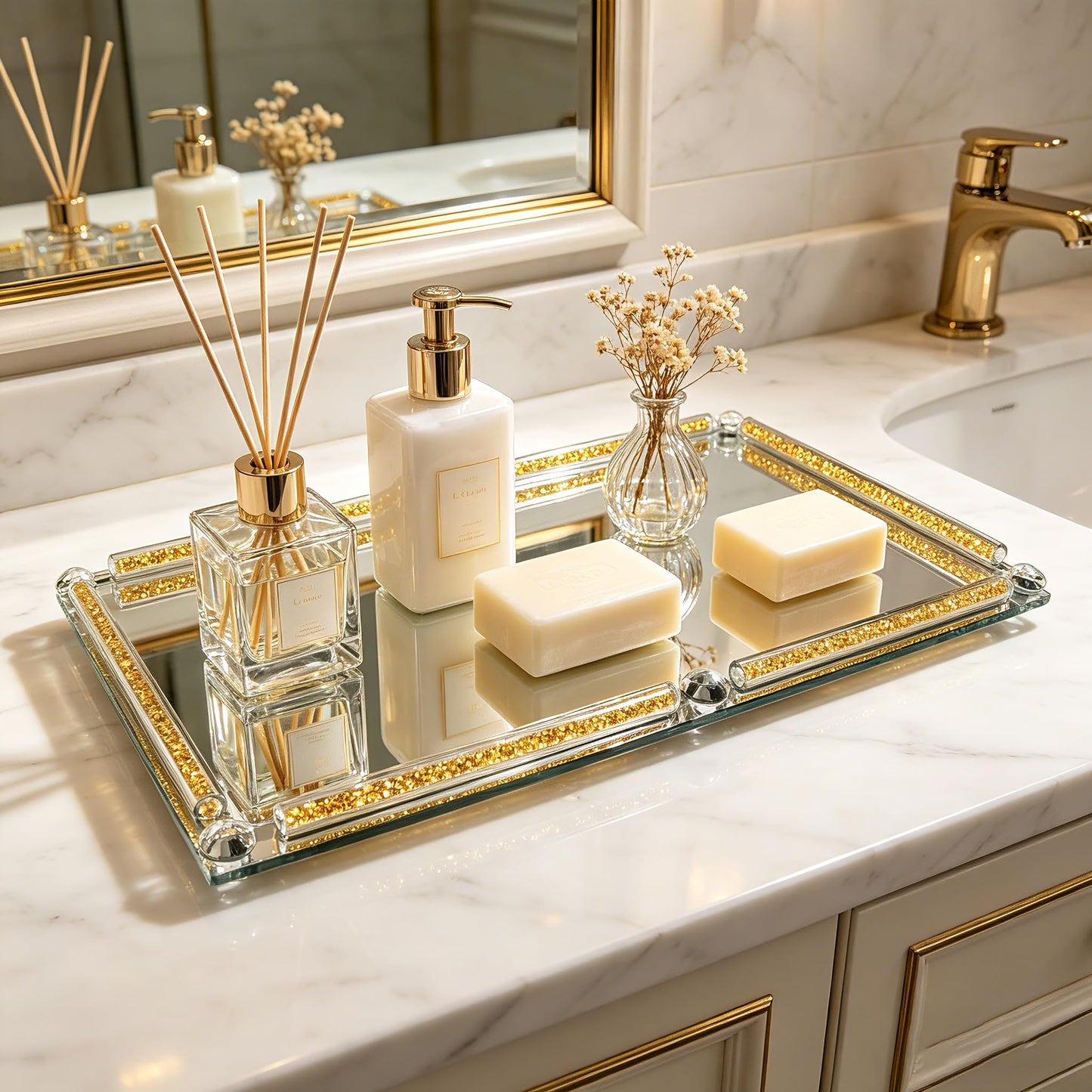 YCWF Large Mirror Perfume Tray for Dresser,Crushed Diamond Filled Glass Vanity Tray,Gold Decorative Bathroom Tray,Crystal Tray for Home Decorative,Party,Hotel Banquet,15.7x11.8x1.4inch,Gold