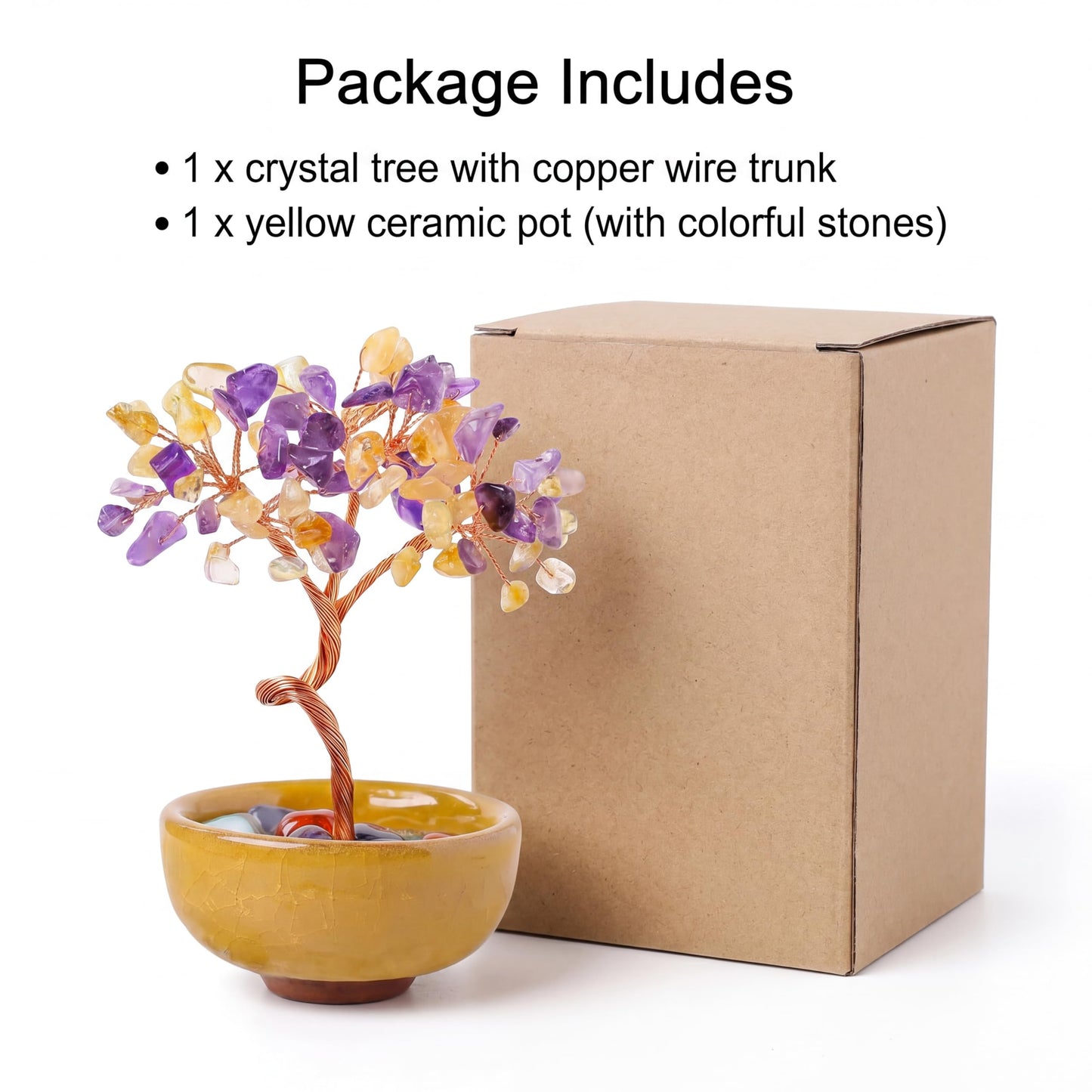 Handmade Crystal Money Tree Feng Shui Bonsai, Gemstone Tree of Life Healing Crystals Wealth Prosperity Decor for Home Office, Perfect Spiritual Gift (Yellow Purple)