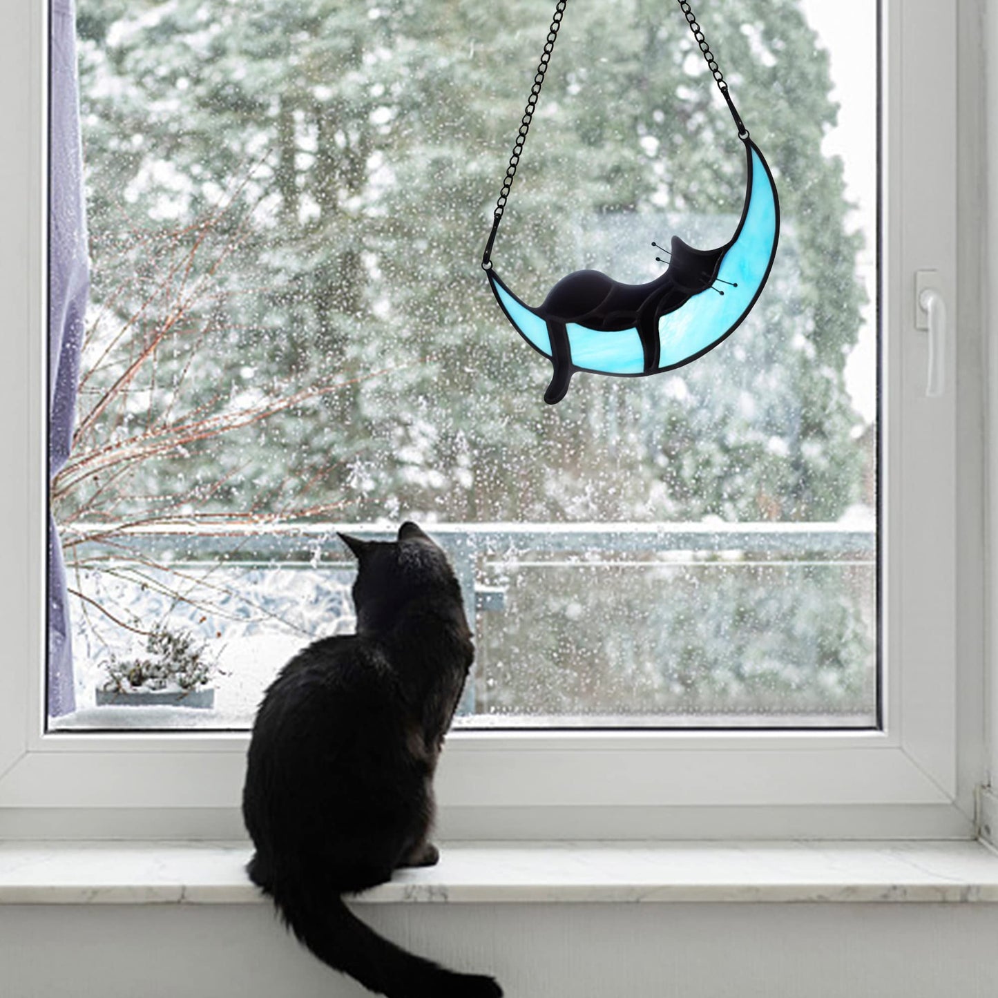 BOXCASA Black Cat Moon Suncatcher Stained Glass Cat Witchy Gift for Women