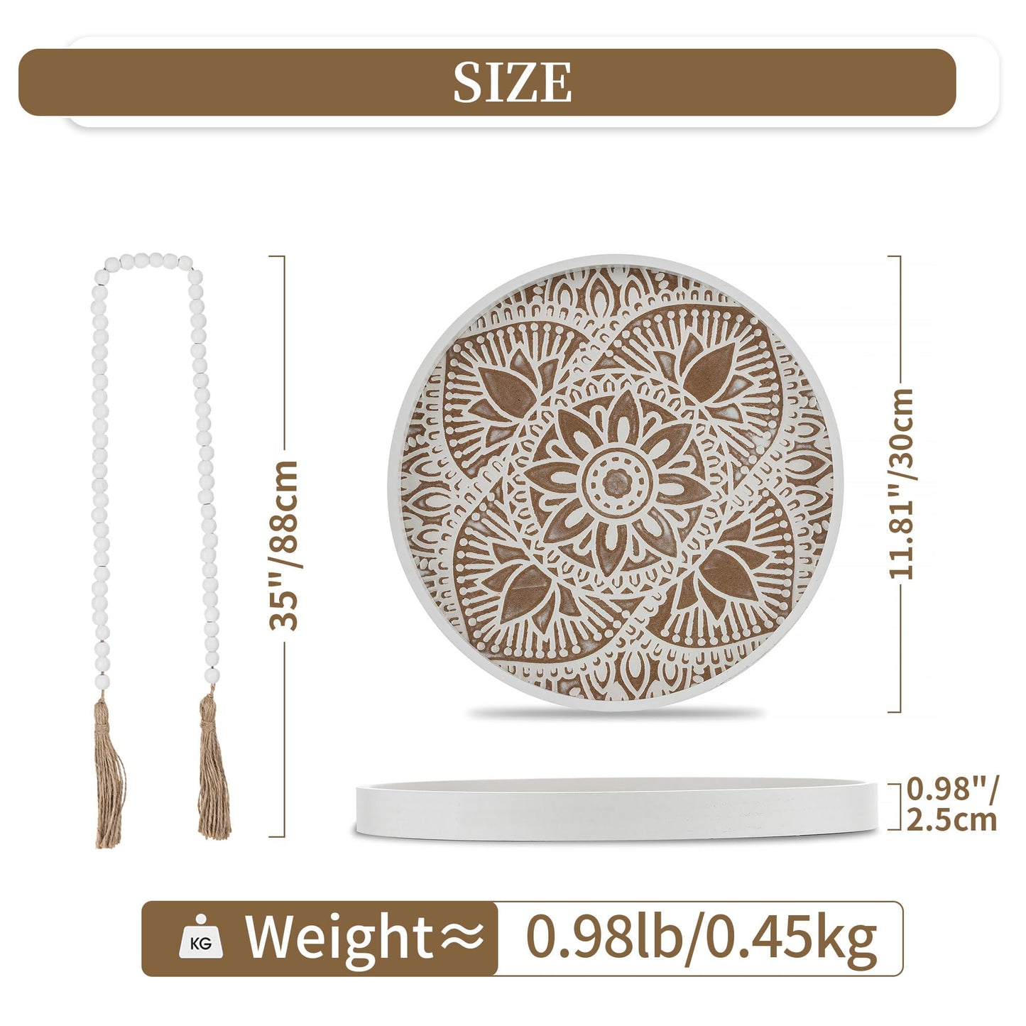 Hanobe Decorative Serving Tray Round: 2Pcs Farmhouse Coffee Table Decor with White Boho Bead Garland - Mandala Trays for Living Room Kitchen Display