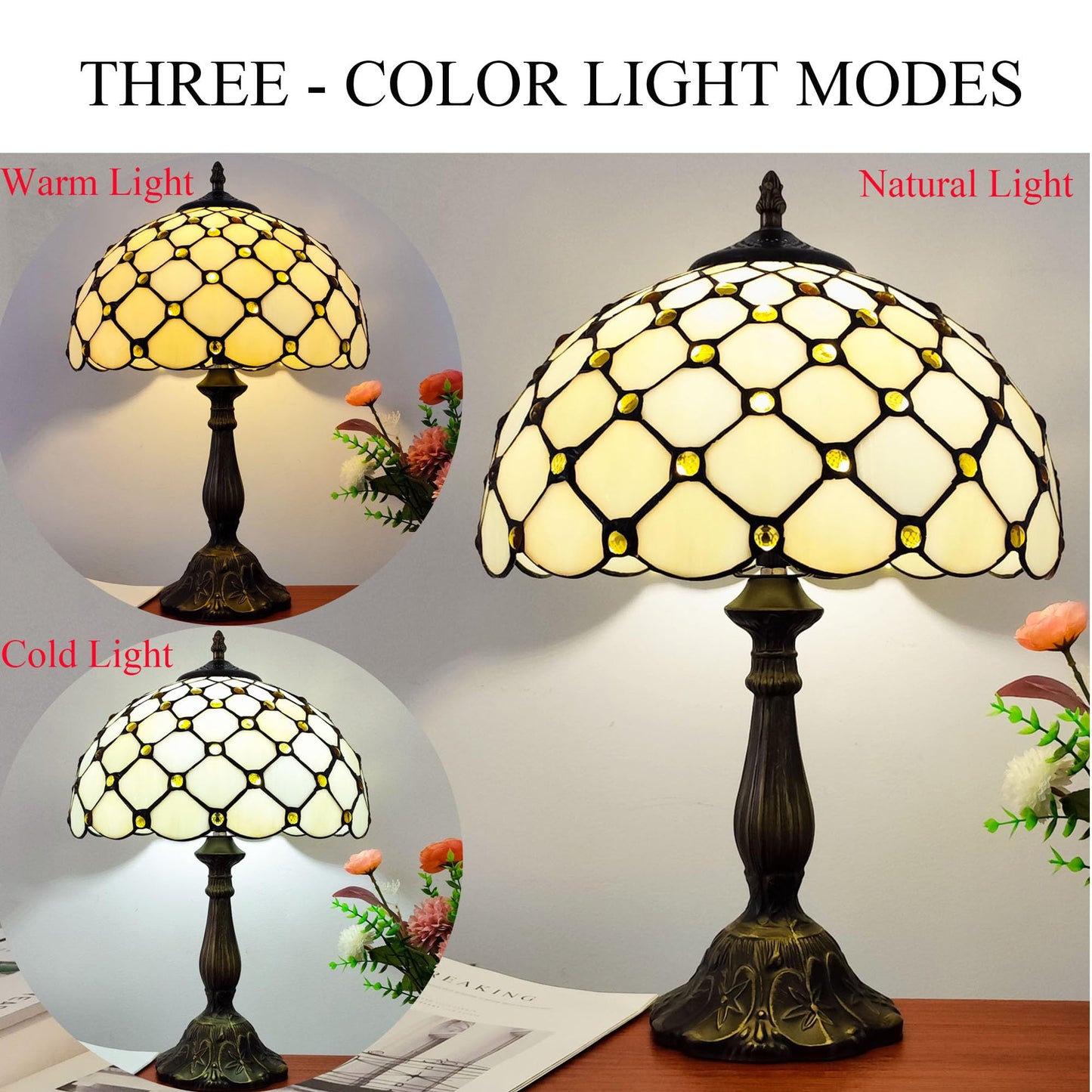 XPHMXP Tiffany Lamp Stained Glass Table Lamp - Antique Bedside Desk Reading Light With 3-Way Color LED - Living Room Nightstand 12X12X19 Inches - Home Office Desk Lamp - Cream White Pearls Style