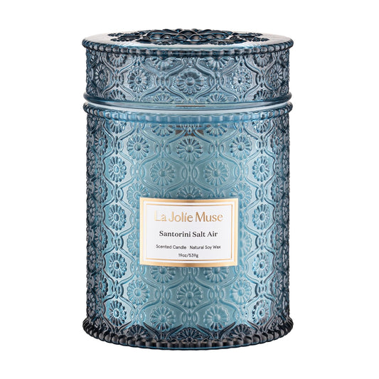 LA JOLIE MUSE Santorini Salt Air Scented Candle for Home | 19 oz Non Toxic Natural Soy | Large Blue Jar Candle | Summer Ocean Candle | Luxury Gifts for Women & Men | Wood Wick
