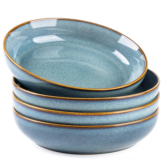 GBhome 8.75'' Large Ceramic Pasta Bowls, 38oz Stoneware Pasta Serving Bowls Set of 4 for Kitchen, Wide Bowls for Fruit,Pasta,Salad,Oatmeal,Meal, Microwave Safe, Reactive Glaze-Space Blue