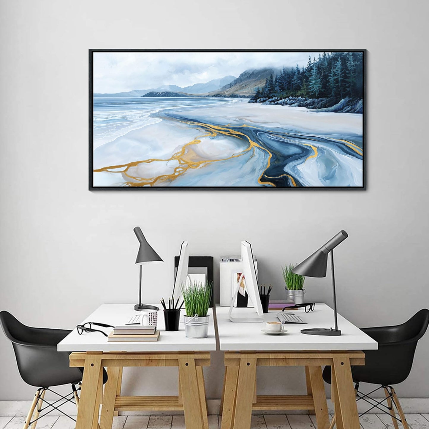 Blue and Gold Abstract Wall Art - Ocean Beach Pictures for Living Room Coastal Bedroom Paintings for Wall Decor Framed Landscape Artwork for Walls large Modern Decoration 24×48IN