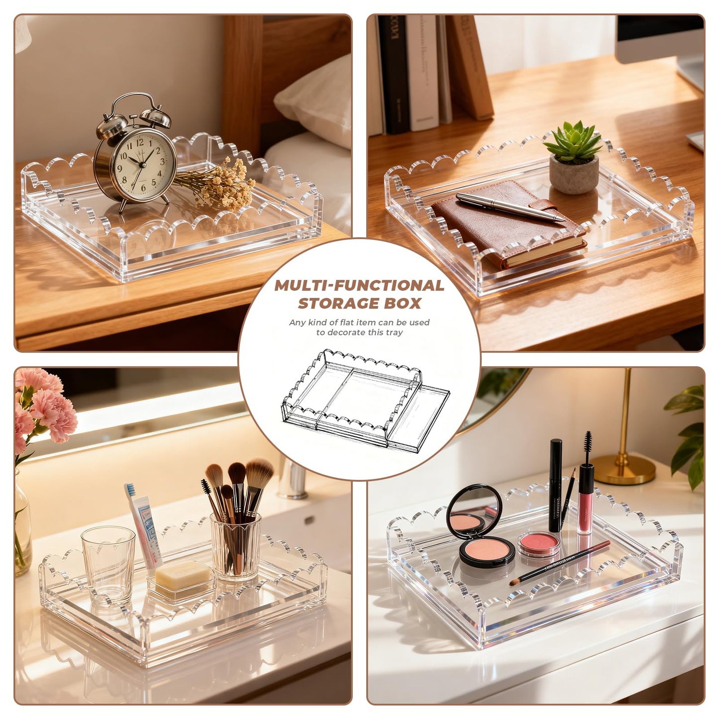 Scalloped Acrylic Tray for Needlepoint, 10" x 12" Clear Acrylic Display Tray with Slide Out Drawer for Insert Photos, Art, Fabric, Acrylic Organizer Decorative Tray for Home Decor