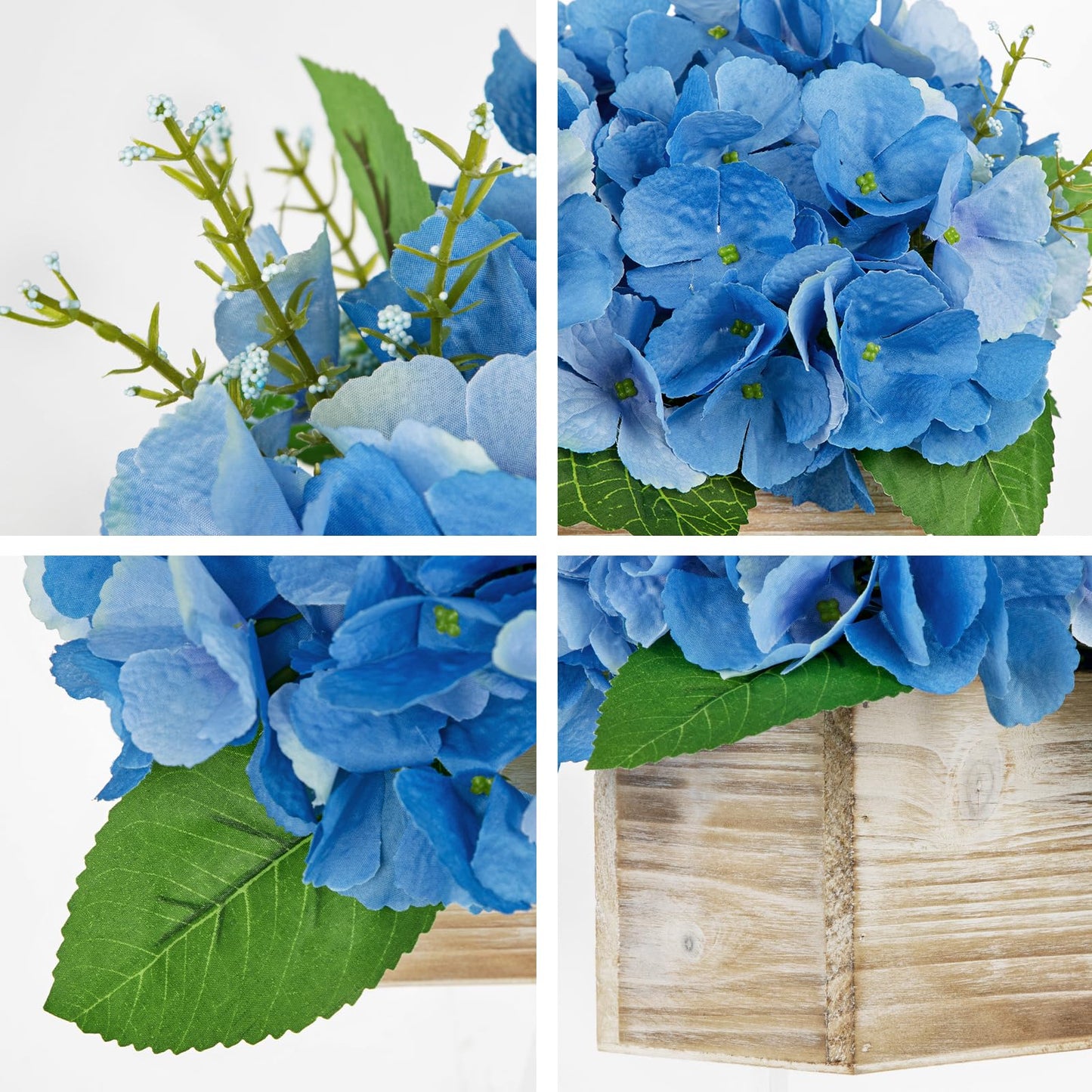 Blue Hydrangea Artificial Flowers Arrangement in Wooden Planter Pot, Fake Hydrangea Flowers with Rectangular Box Vase, Silk Floral Centerpiece for Dining Room, Coffee Table, Kitchen, Windowsill Decor