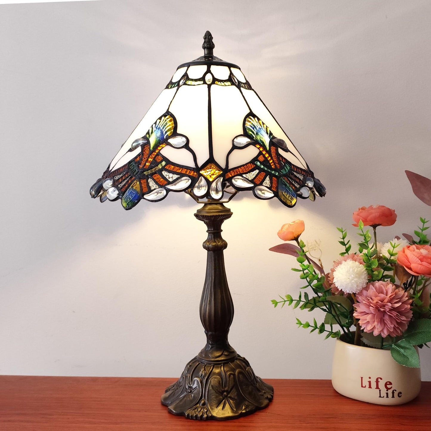XPHMXP Tiffany Lamp White Baroque Style Stained Glass Lamp 12X12X19 inch Vintage Bedroom Table lamp 3-Way Tiffany Style Reading Desk Light for Home Living Room Office Include Light Bulb