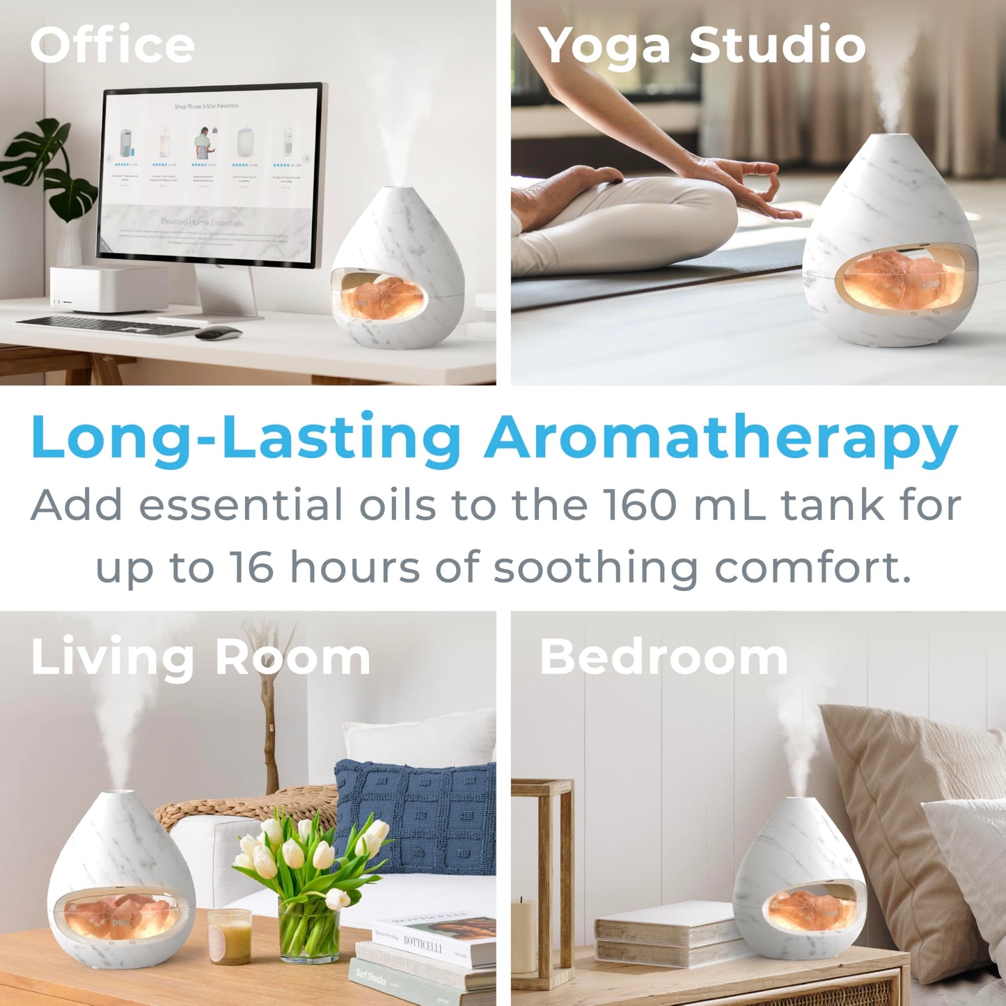 Pure Enrichment® PureGlow™ Crystal - 2-in-1 Himalayan Salt Lamp & Ultrasonic Essential Oil Diffuser, Original Salt Therapy Lamp, 100% Pure Himalayan Salt, Ambient Glow, 160 mL 16-Hour Tank (Marble)