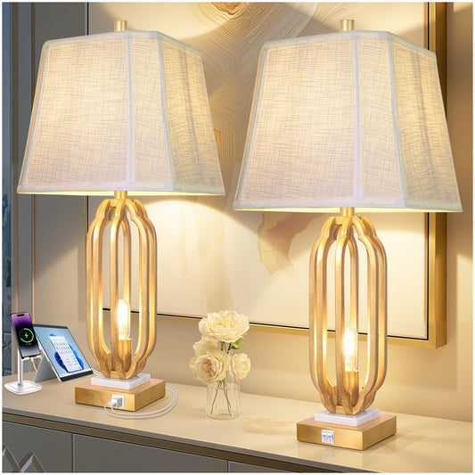 28" Iron Art Table Lamp Set of 2 for Living Room, Modern Gold Leaf Desk Lamps with Nightlight and 2 USB Charging Ports, Farmhouse Bedside Lamp for Bedroom Nightstand, 3 Way Dimmable Bulb Included